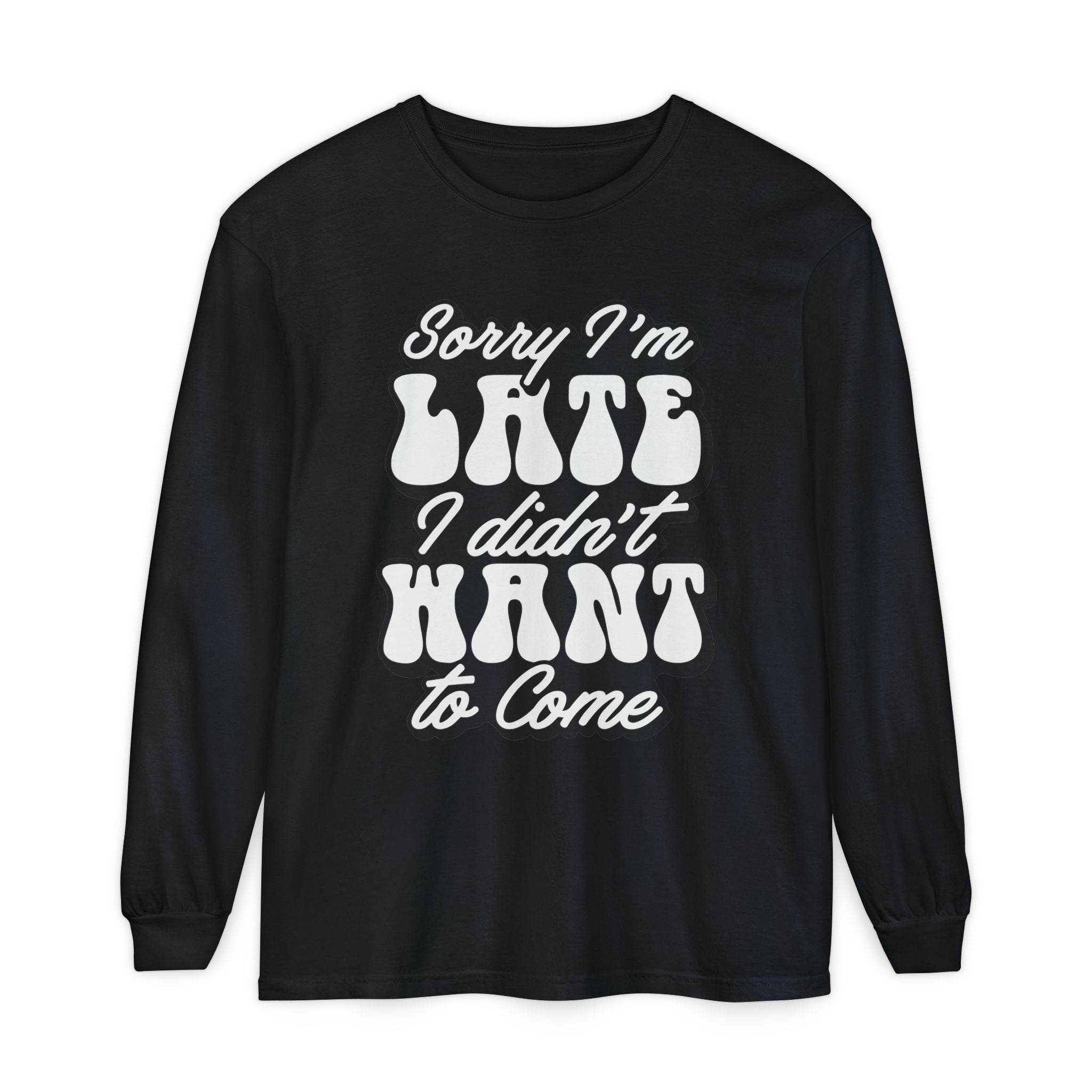 Black Printify eco-friendly sarcastic long sleeve shirt with white apology graphic text