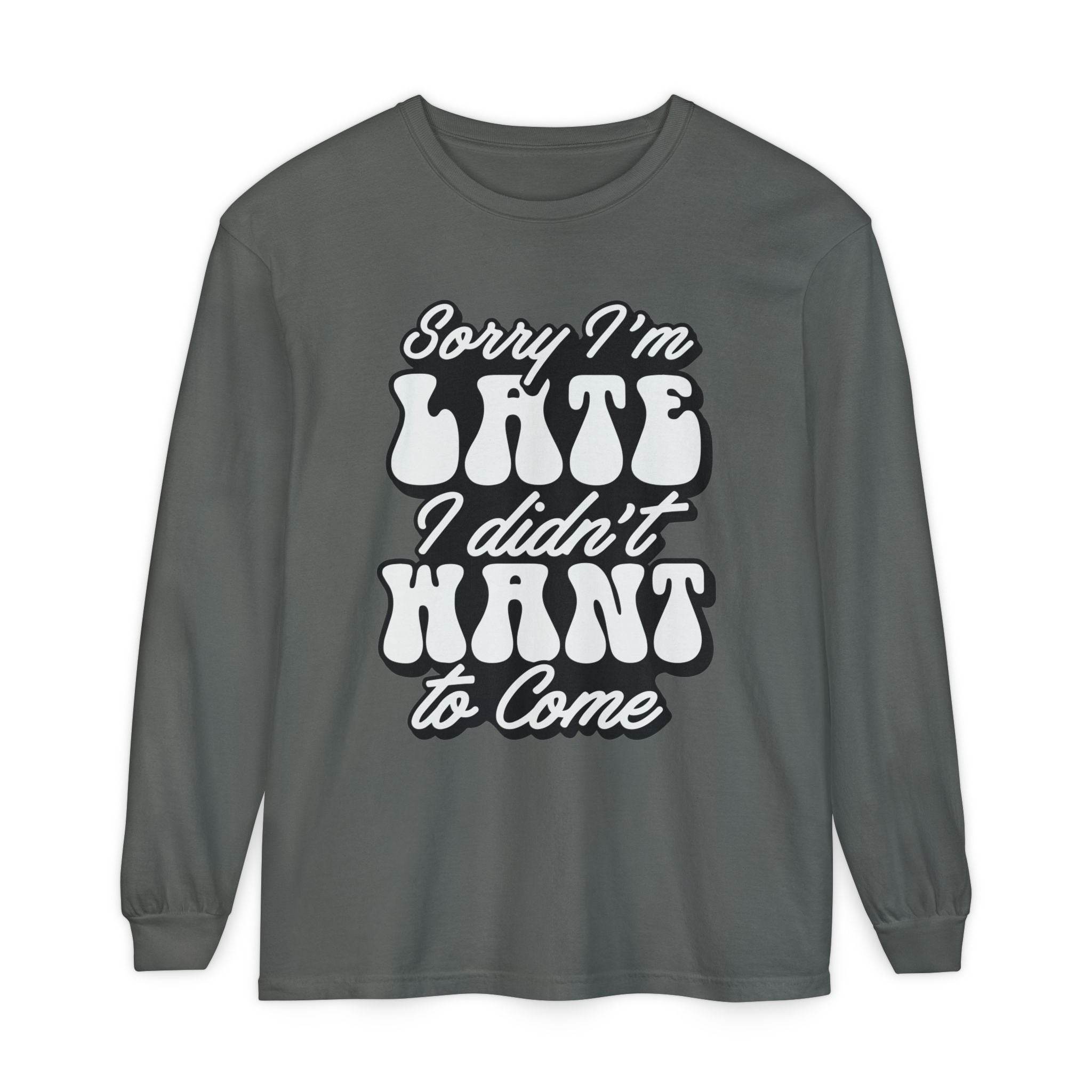 Printify eco-friendly sarcastic long sleeve shirt in dark gray with white humorous text design