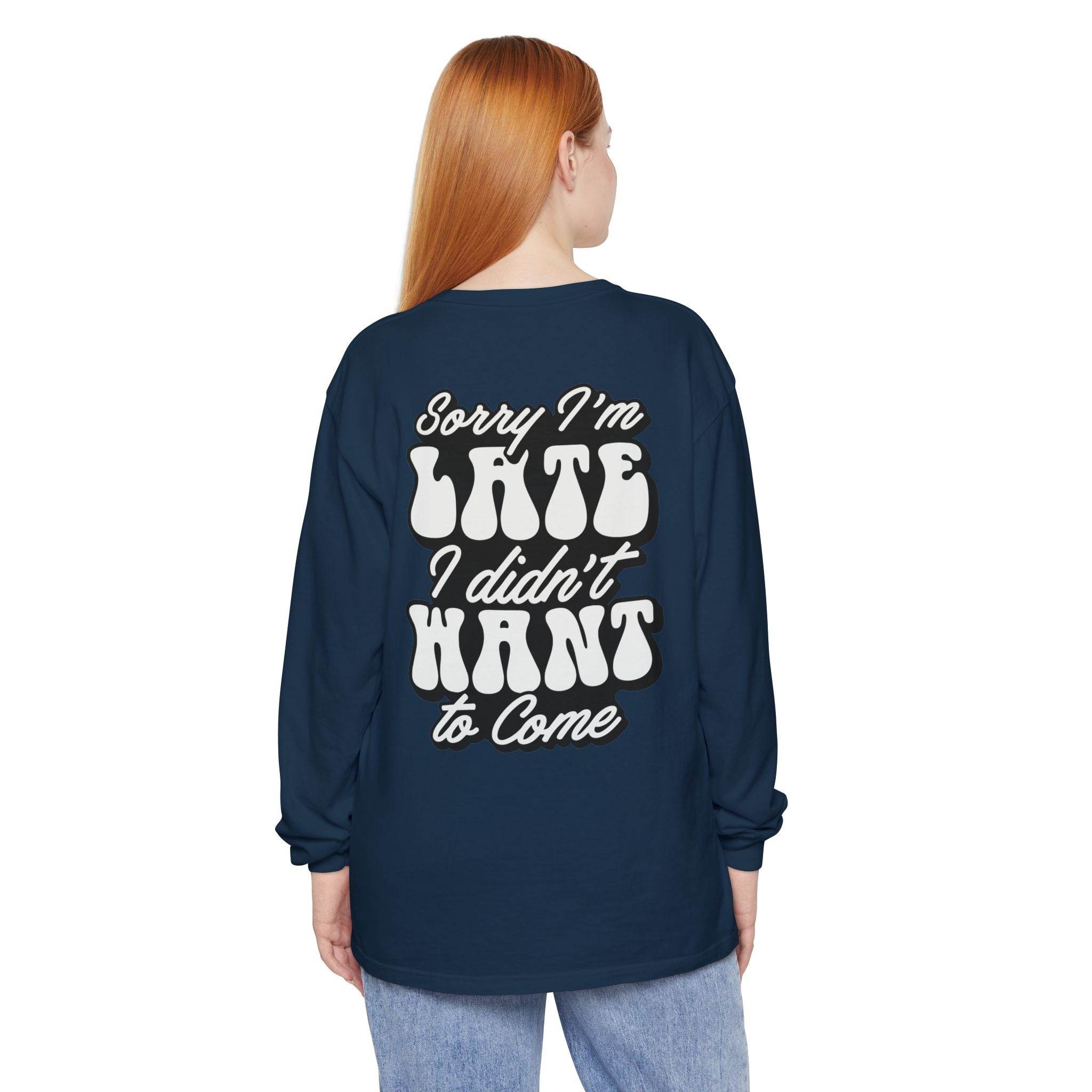 Printify eco-friendly sarcastic long sleeve shirt in navy with bold white text on back