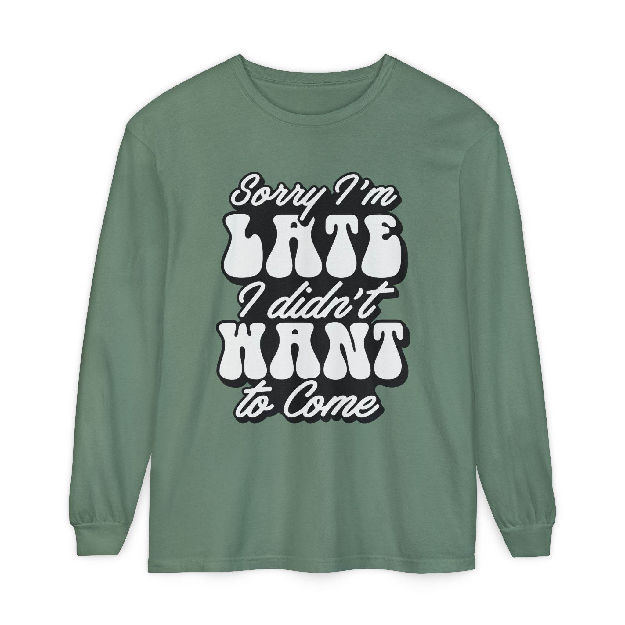 Printify eco-friendly sarcastic long sleeve shirt in green with white humorous text design