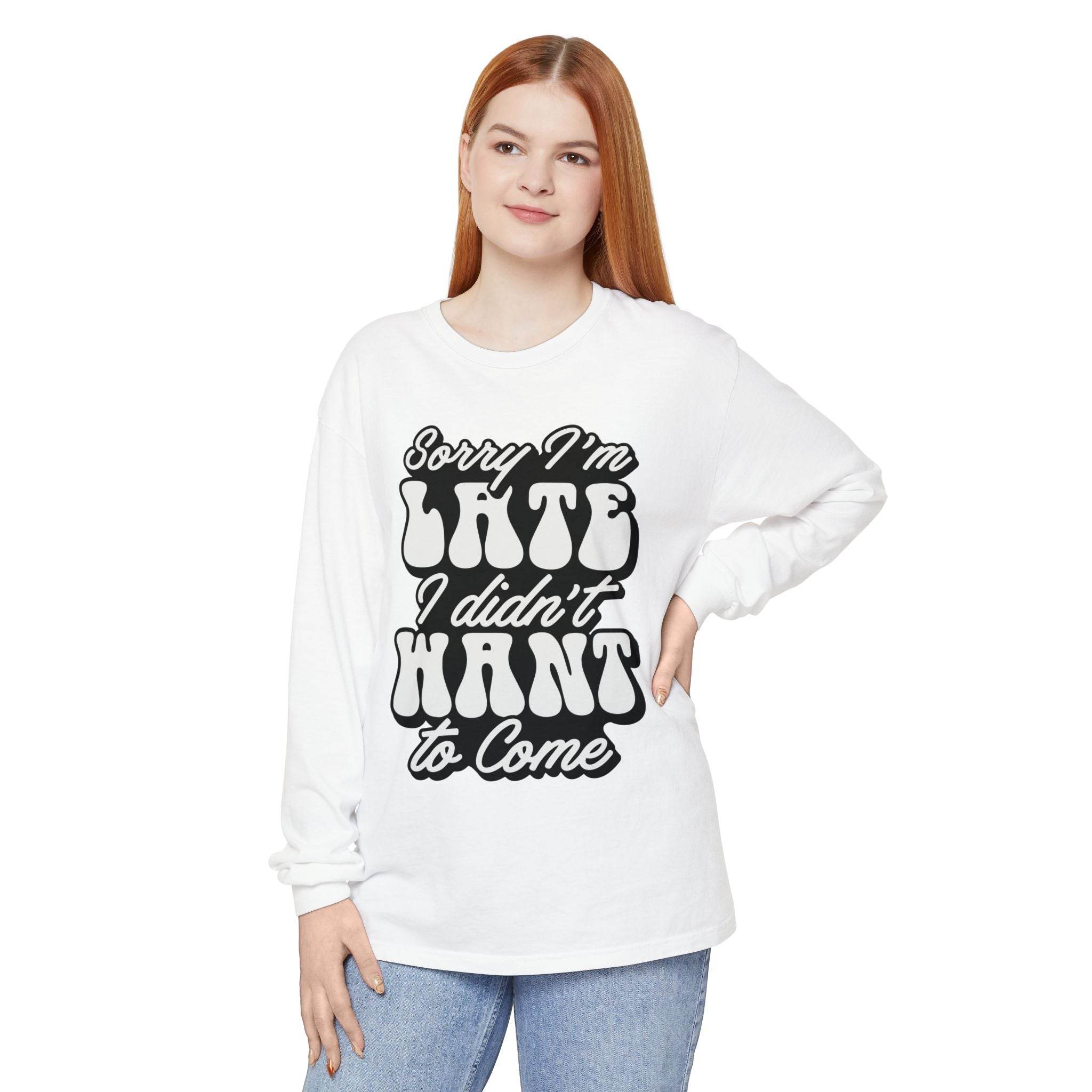 Eco-friendly sarcastic long sleeve shirt in white with bold black text worn by a woman