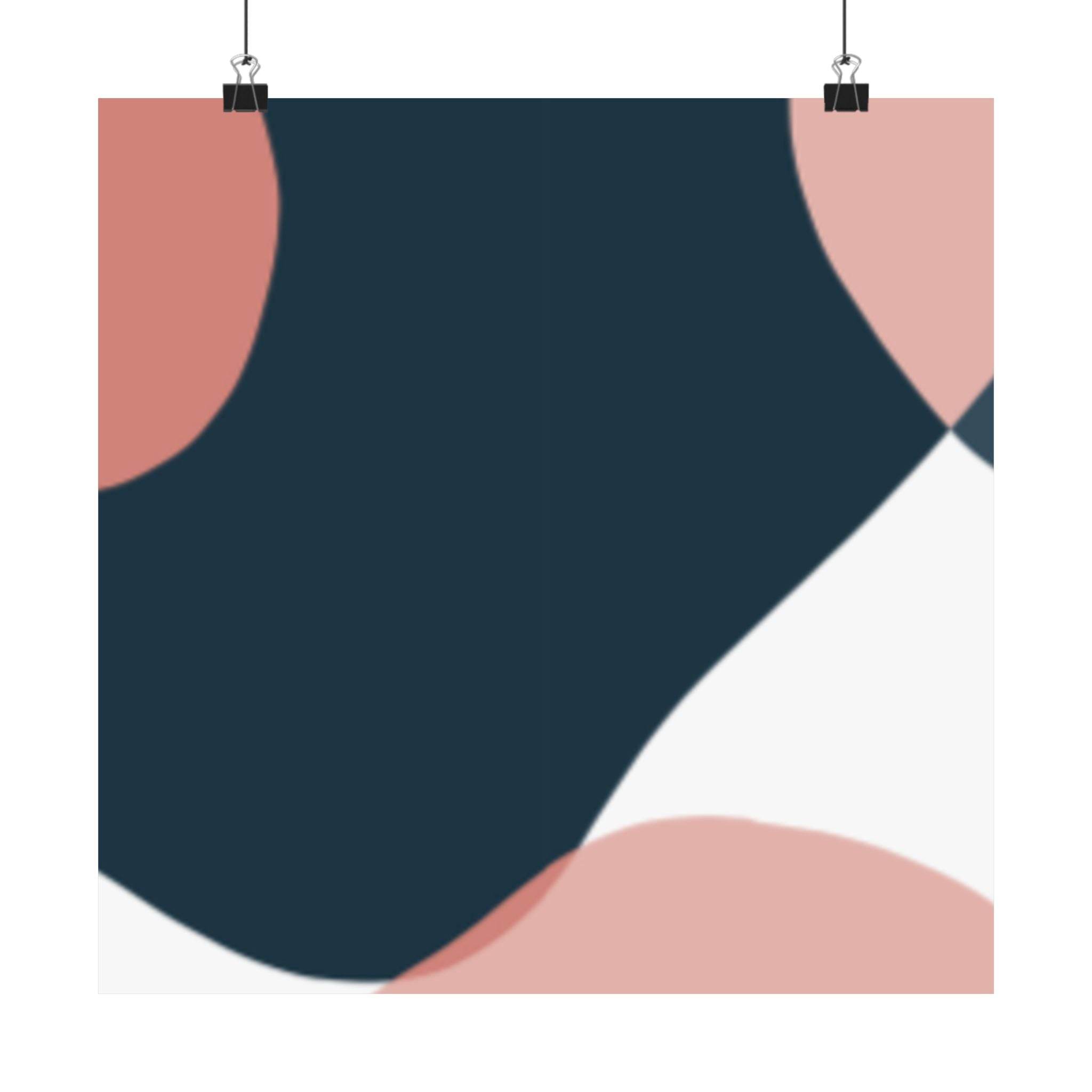 Abstract art eco-friendly satin posters with navy blue white and pink shapes hanging with clips by Printify