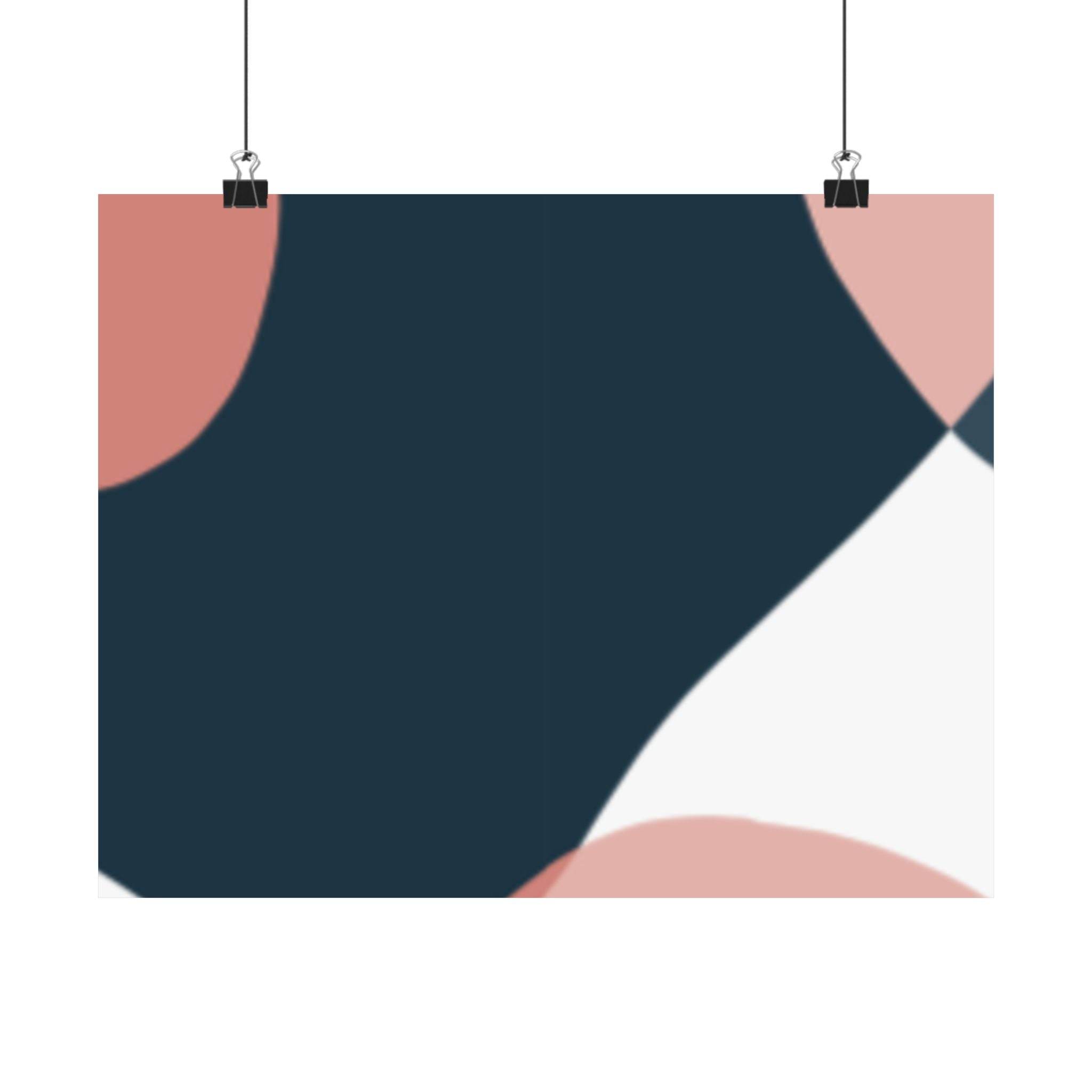 Printify abstract art eco-friendly satin posters with navy, white, and pink organic shapes hanging by clips