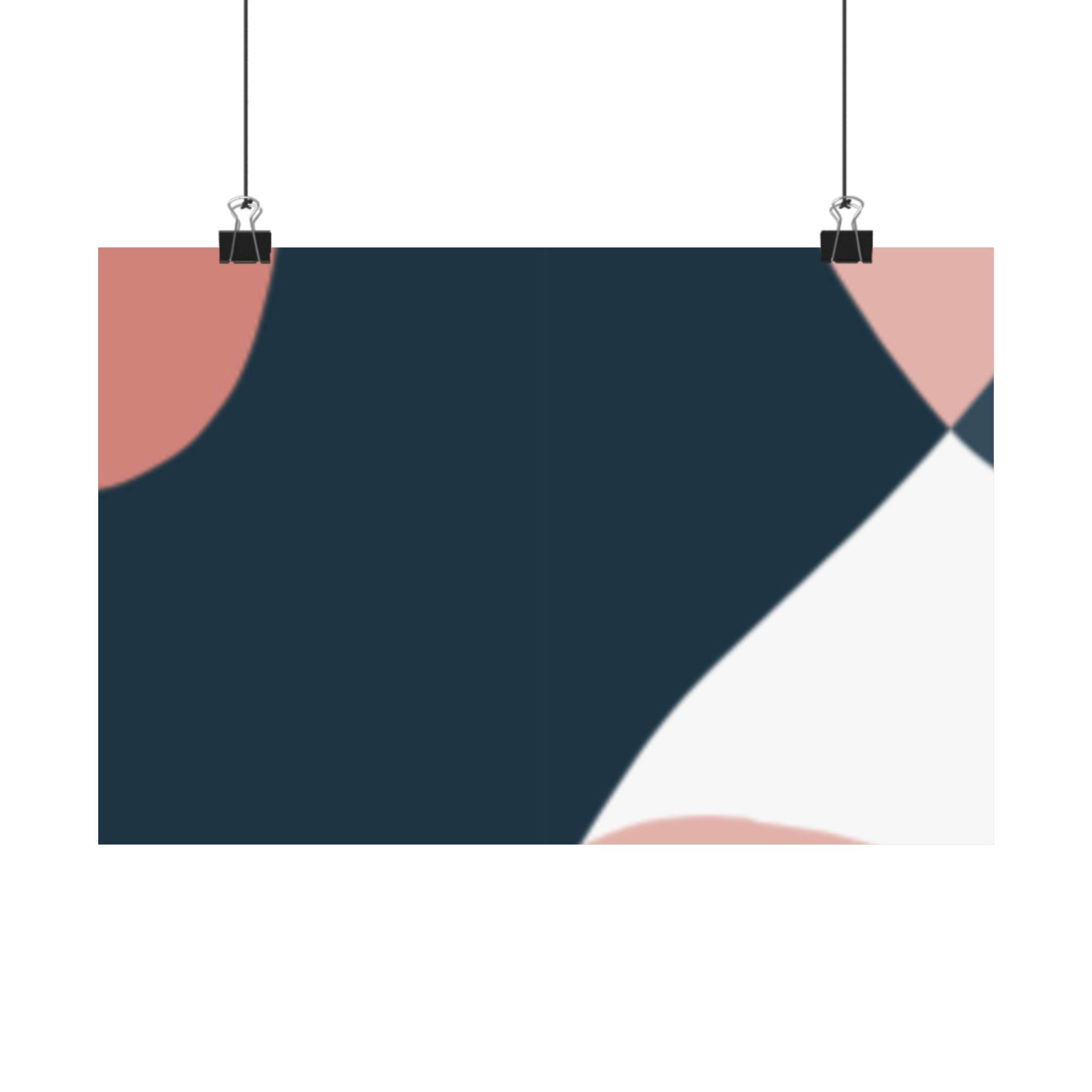 Printify abstract wall art poster hanging with eco-friendly satin posters finish in muted navy and pink shapes