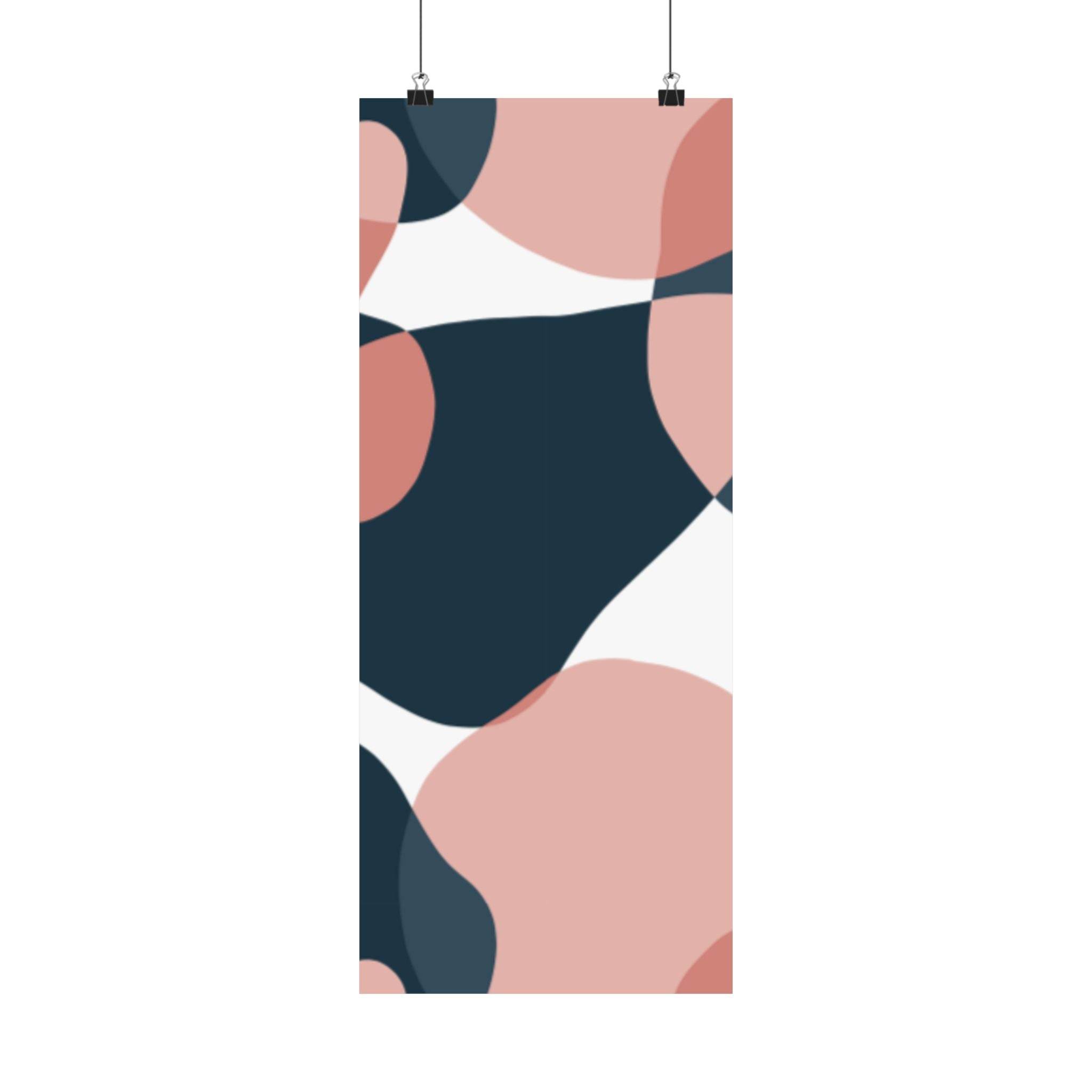 Printify eco-friendly satin posters with abstract pink and navy blue shapes hanging on clips