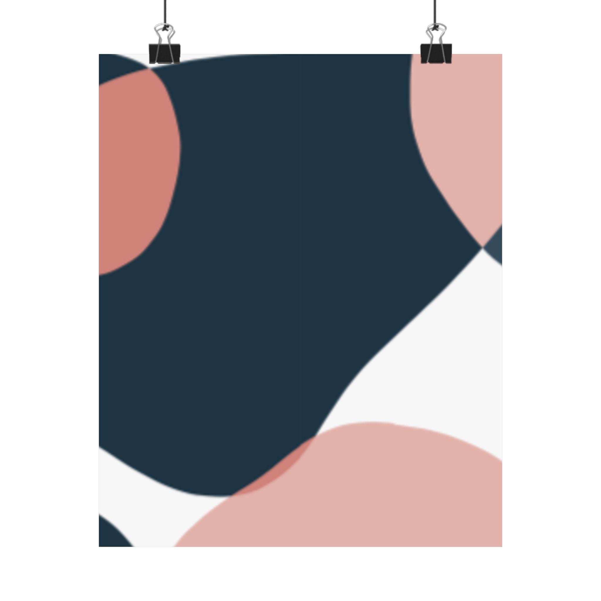 Printify abstract design eco-friendly satin posters with navy blue, pink, and white shapes hanging on clips