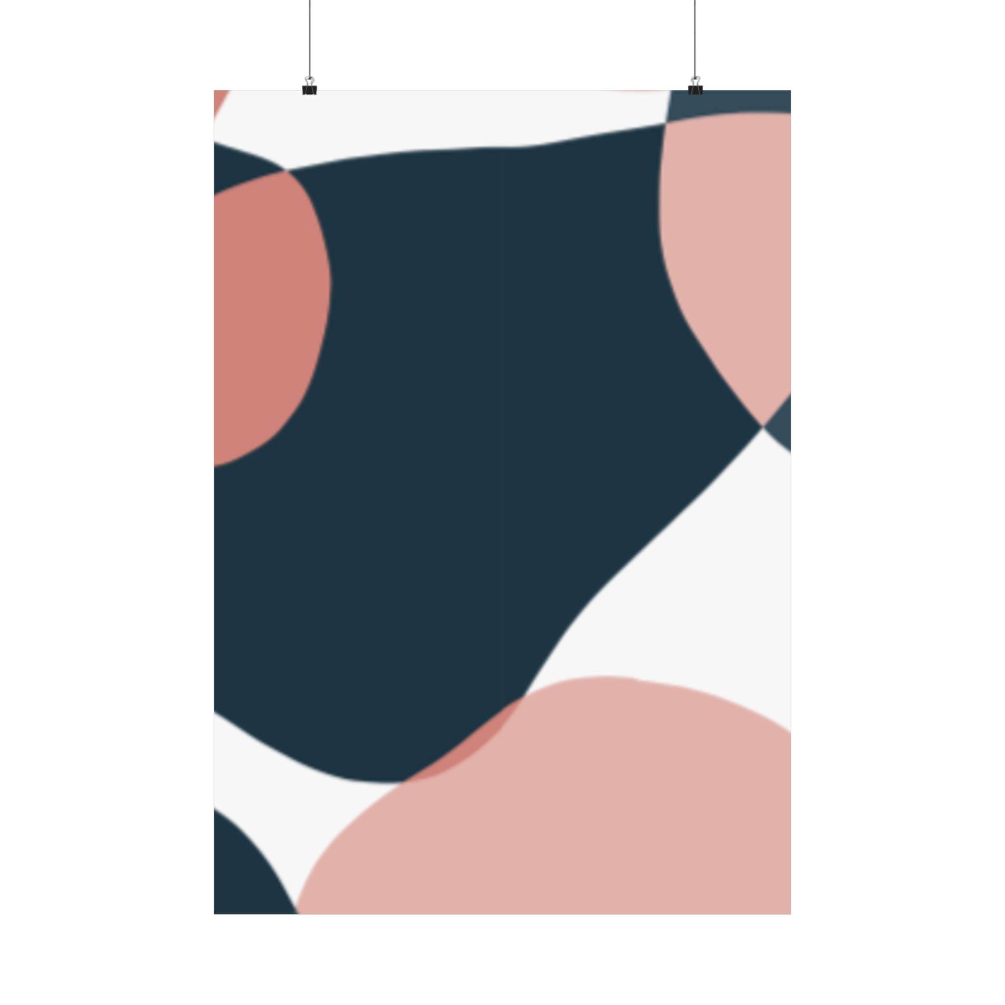 Abstract art Printify eco-friendly satin posters with navy blue and soft pink shapes on white background