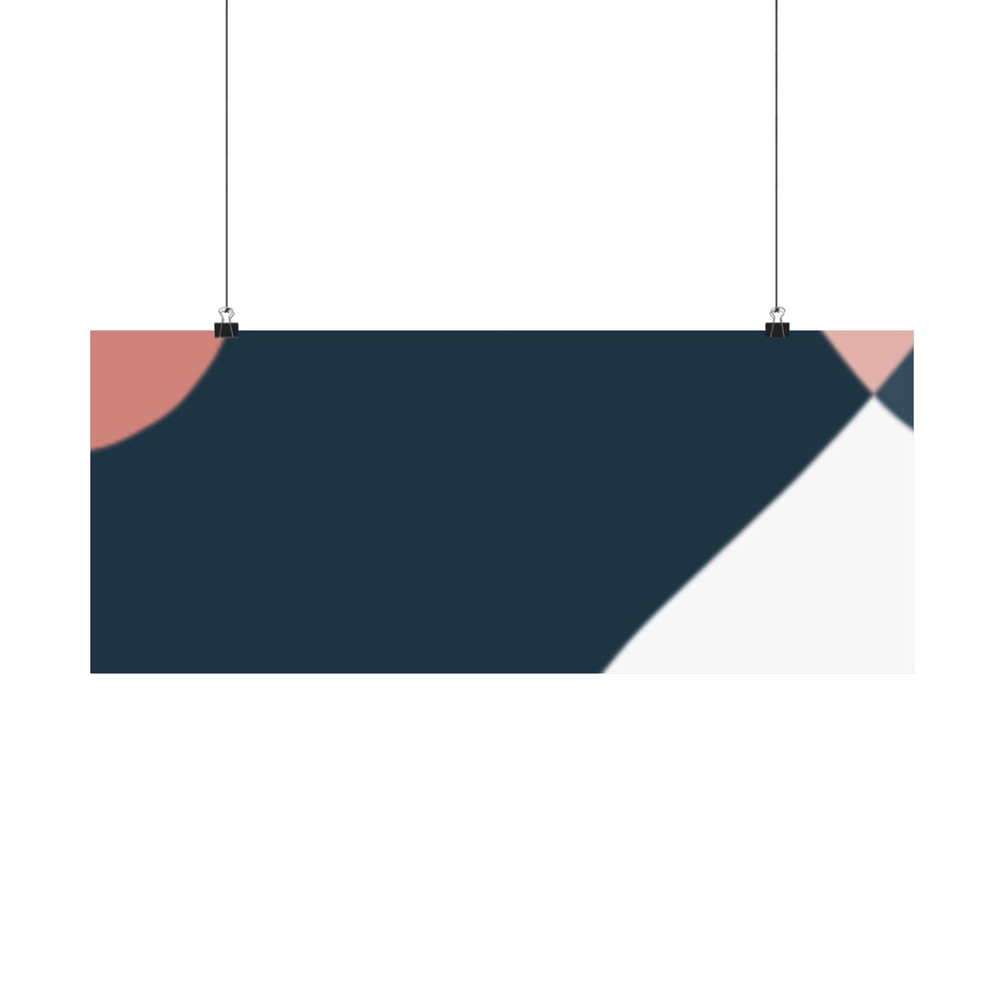 Printify eco-friendly satin posters featuring modern abstract design with navy, white, and muted pink shapes