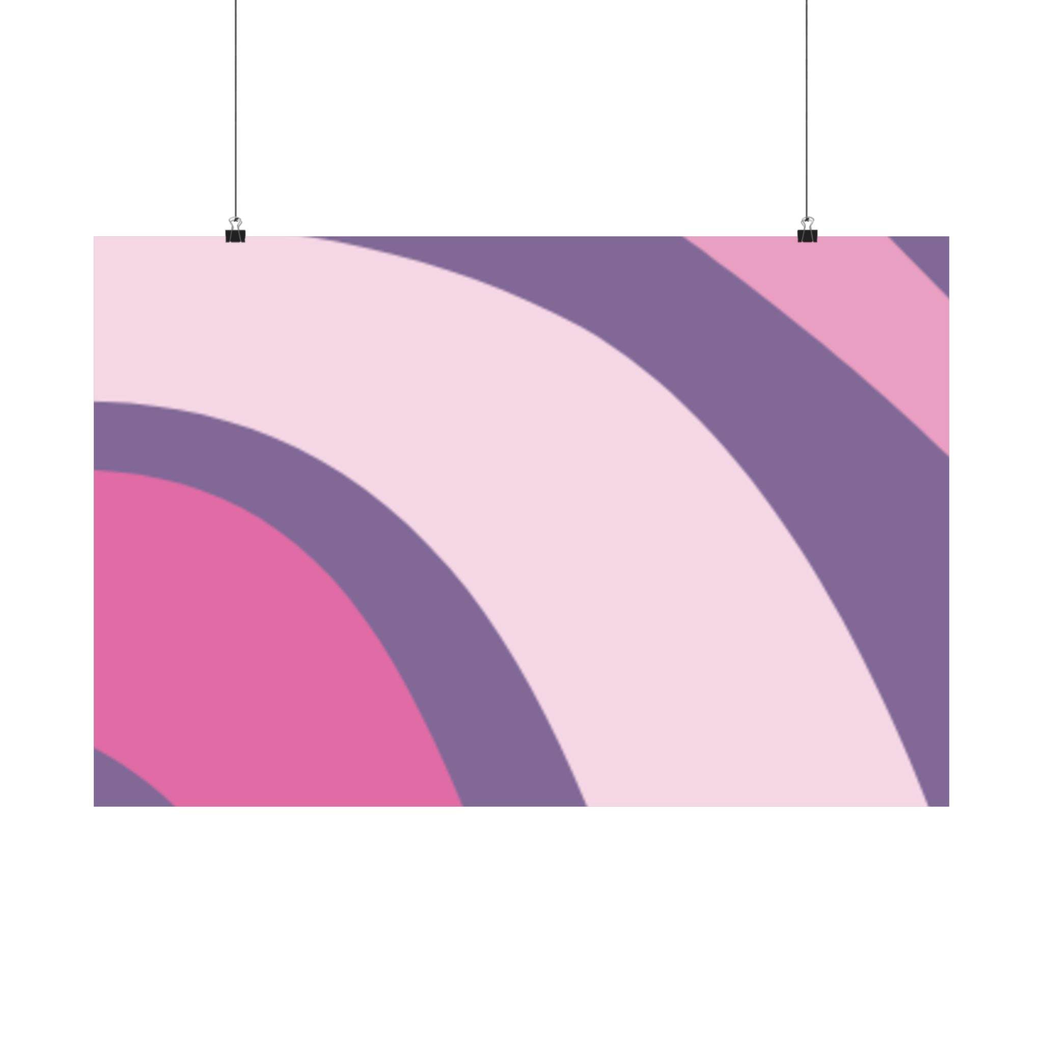Printify eco-friendly satin posters with abstract pink and purple curved design hanging on clips