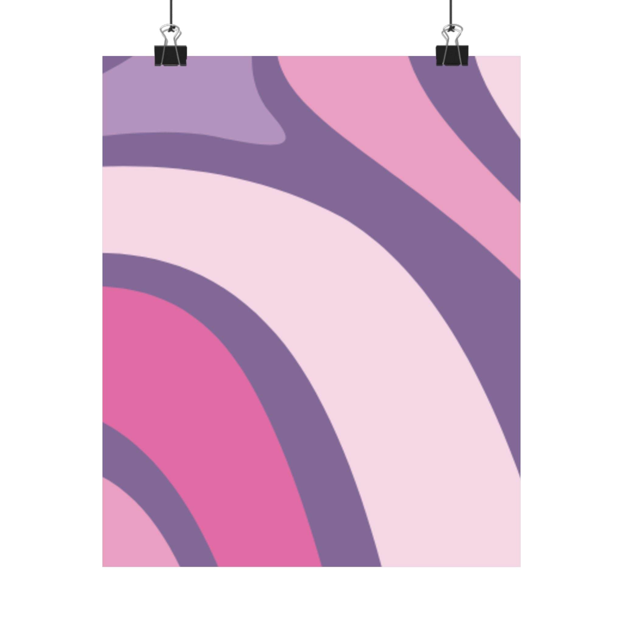 Printify abstract design eco-friendly satin posters with pink and purple curved patterns hanging with clips