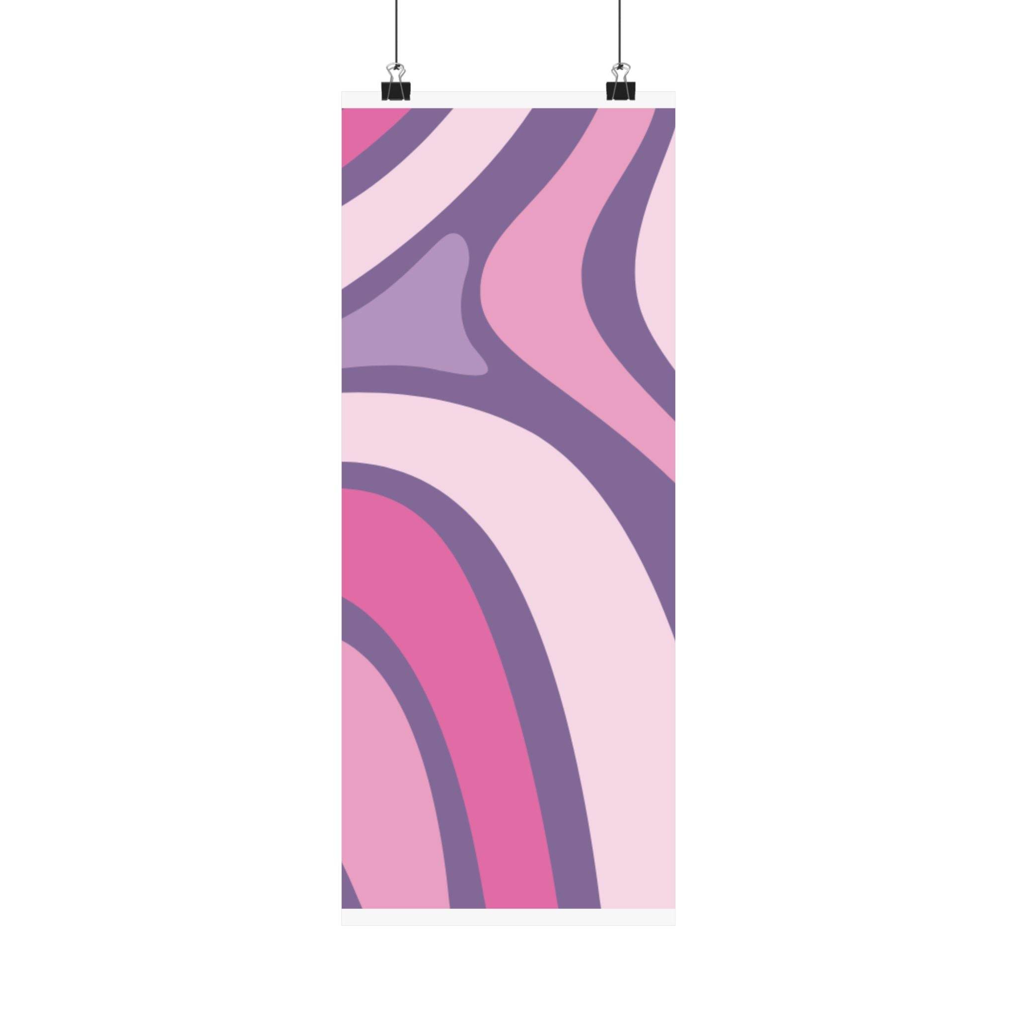 Printify abstract design eco-friendly satin posters with pink and purple wavy shapes hanging on white background