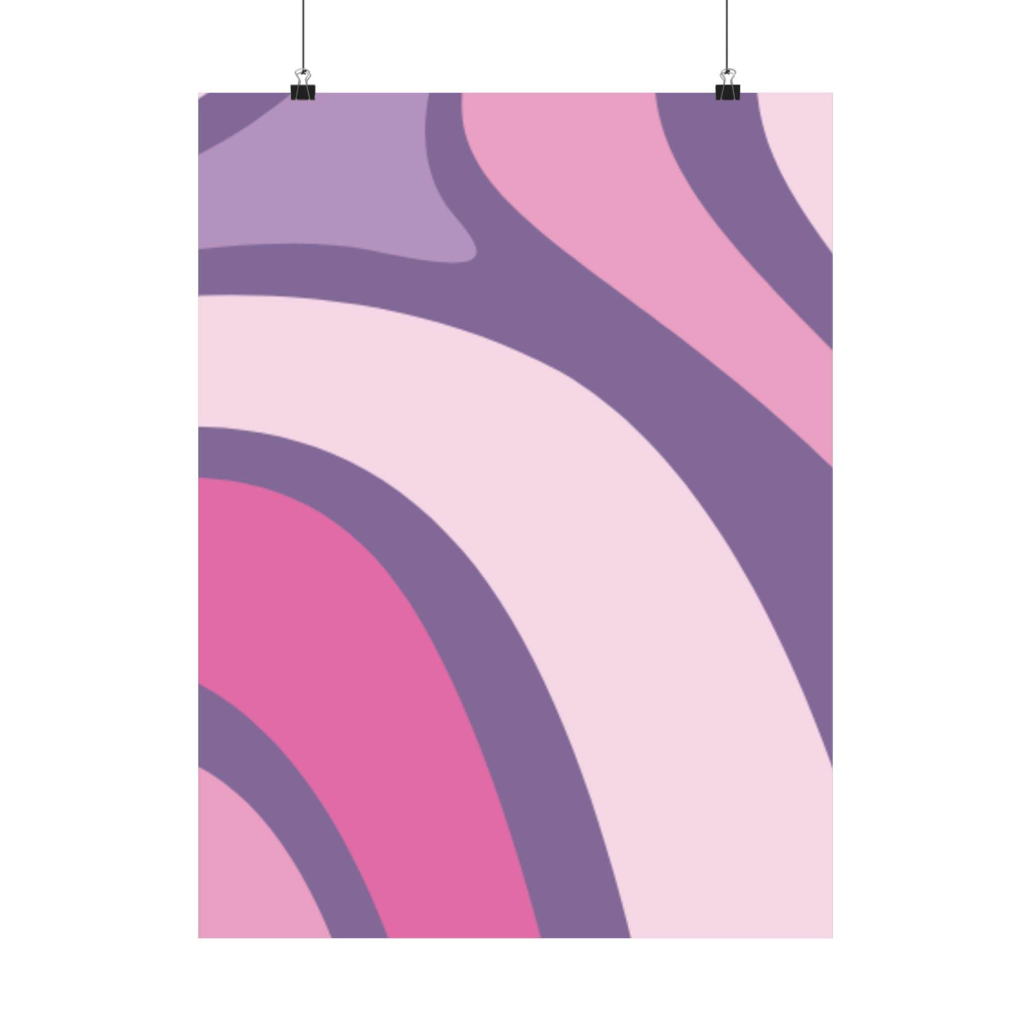 Printify abstract wall art in pink and purple tones on eco-friendly satin posters hanging with clips