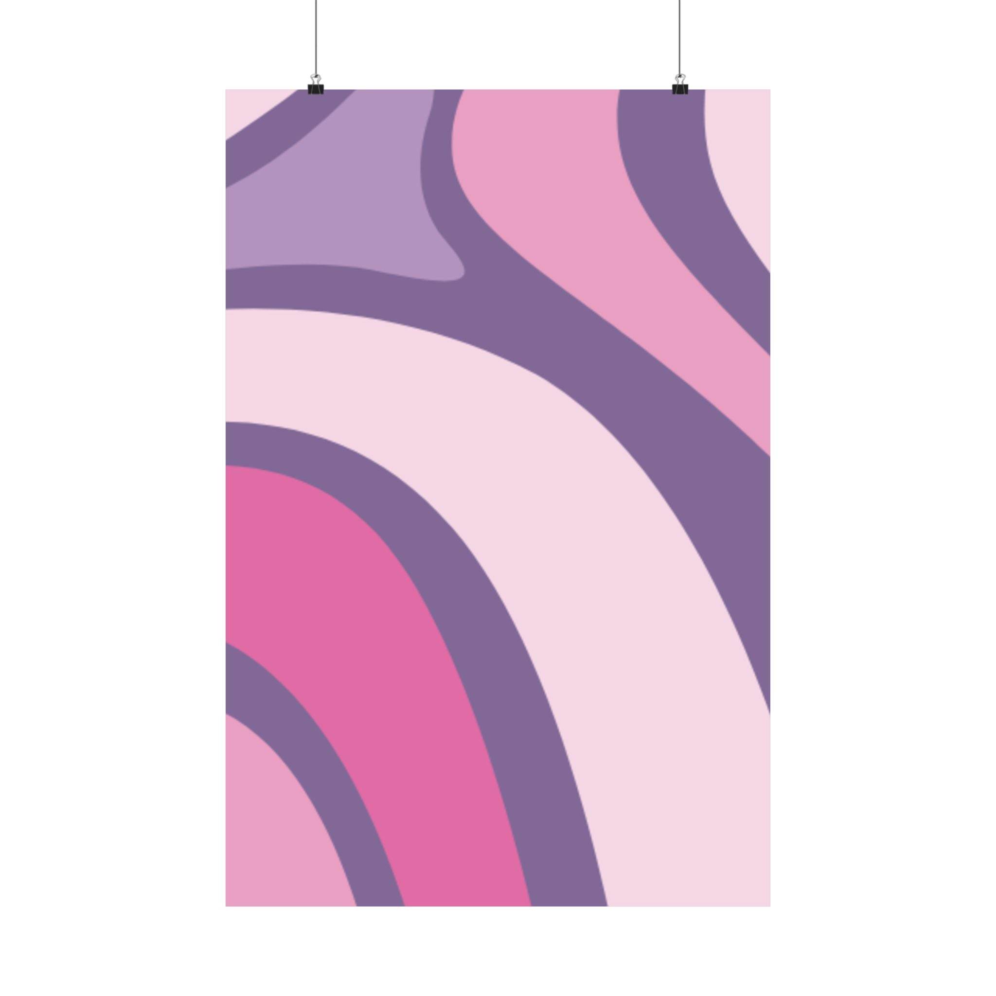 Printify abstract design eco-friendly satin posters with pink and purple curved shapes hanging on clips