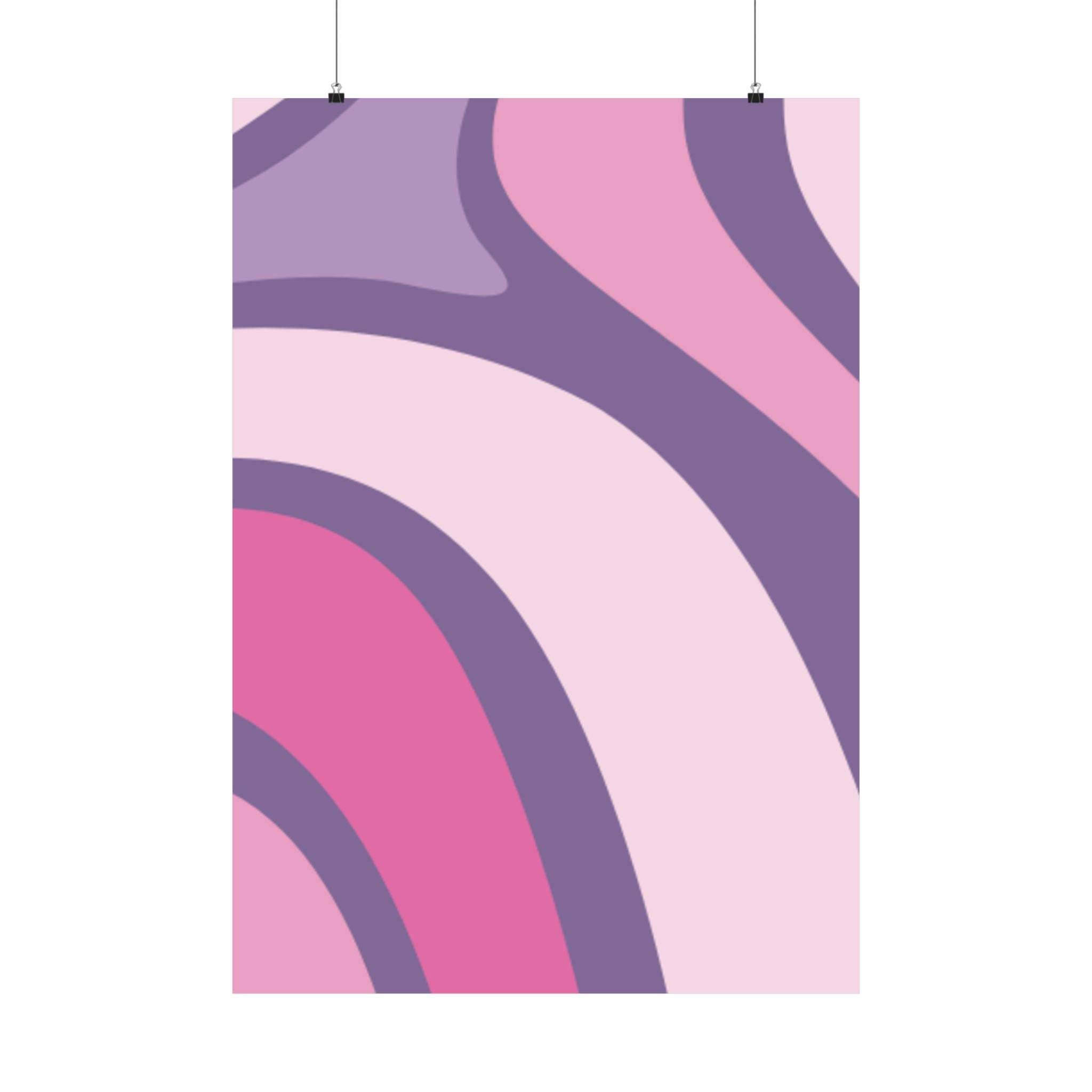 Abstract pink and purple design on eco-friendly satin posters by Printify hanging on display