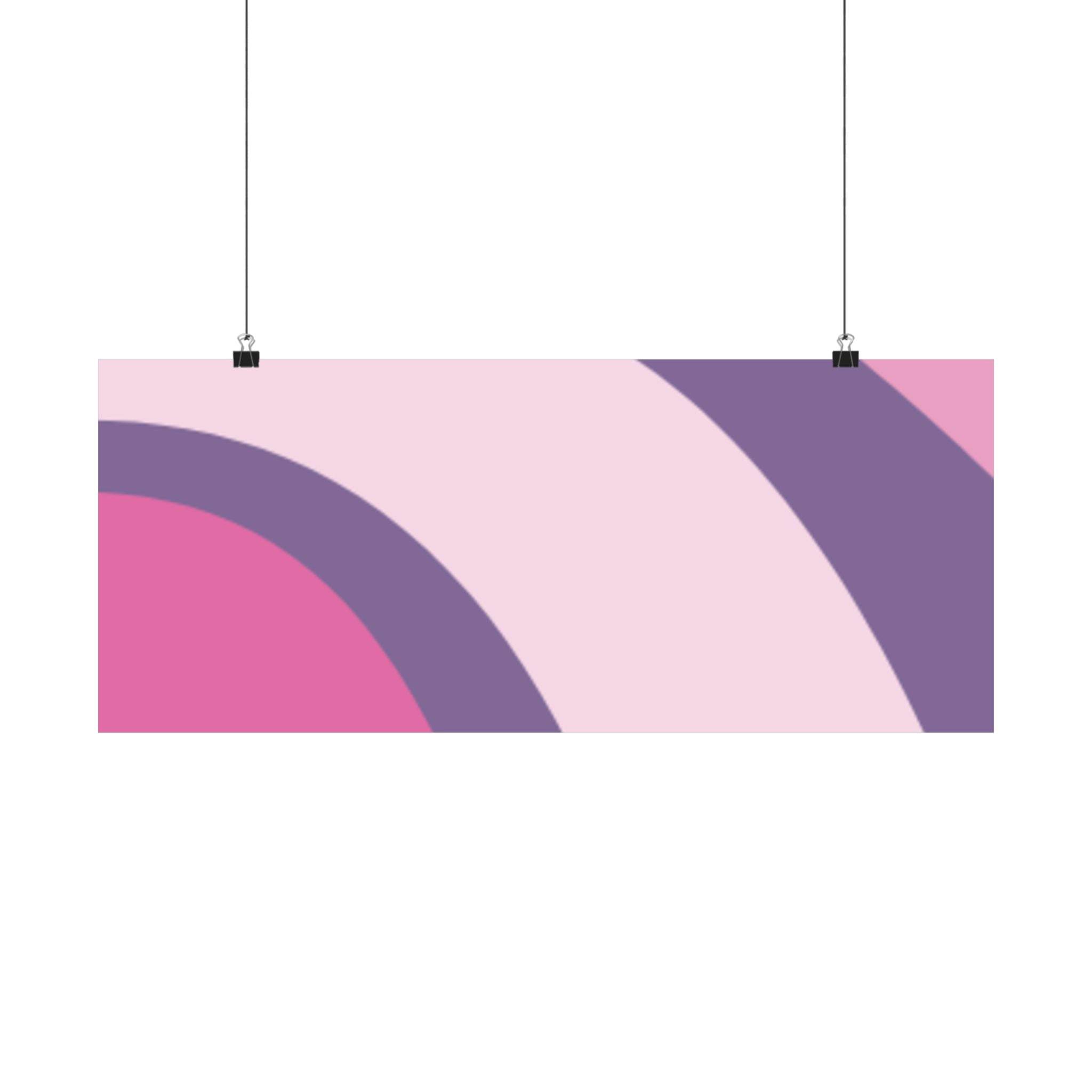 Printify eco-friendly satin posters featuring abstract curved design in shades of pink and purple