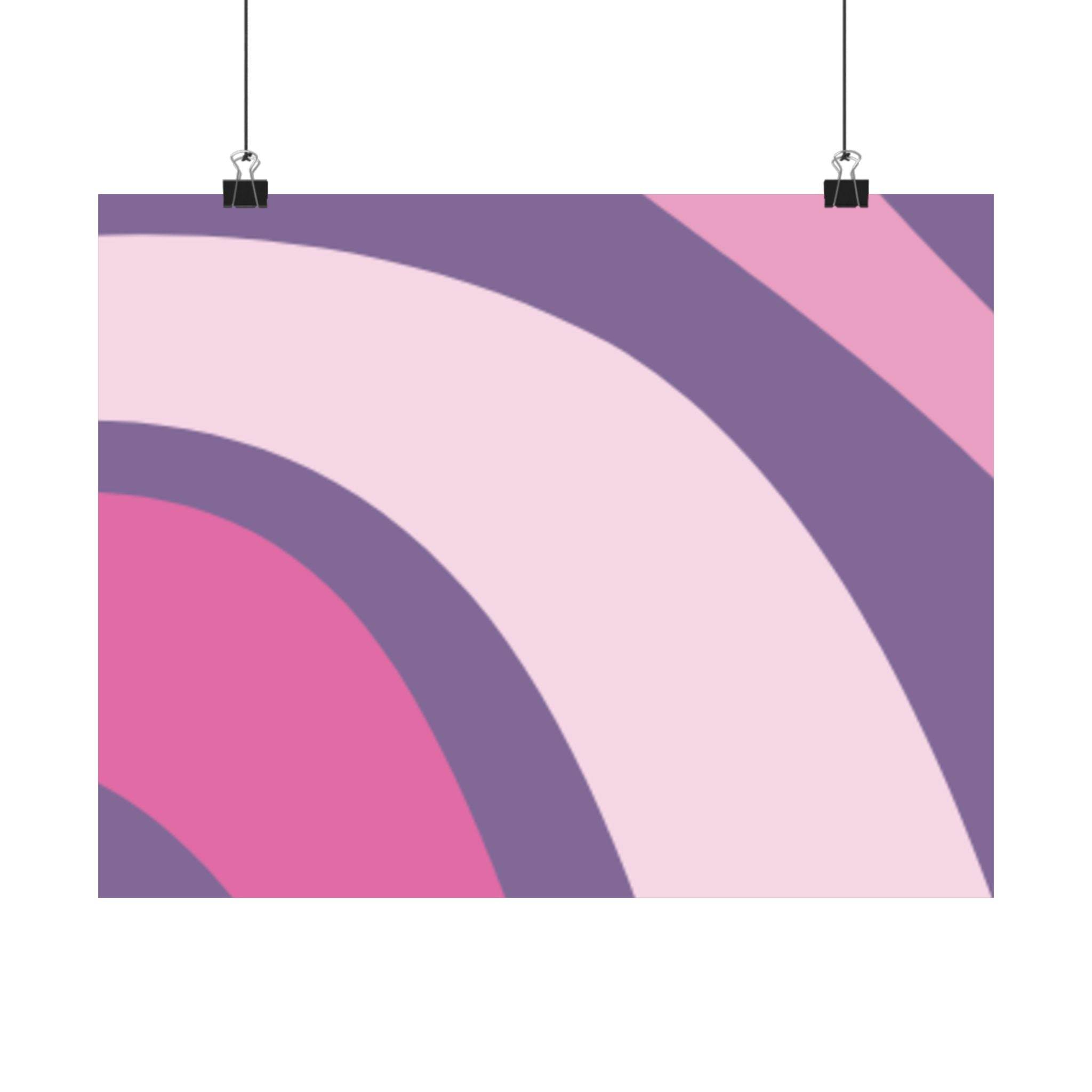 Printify abstract art poster with curved pink and purple shapes on eco-friendly satin posters