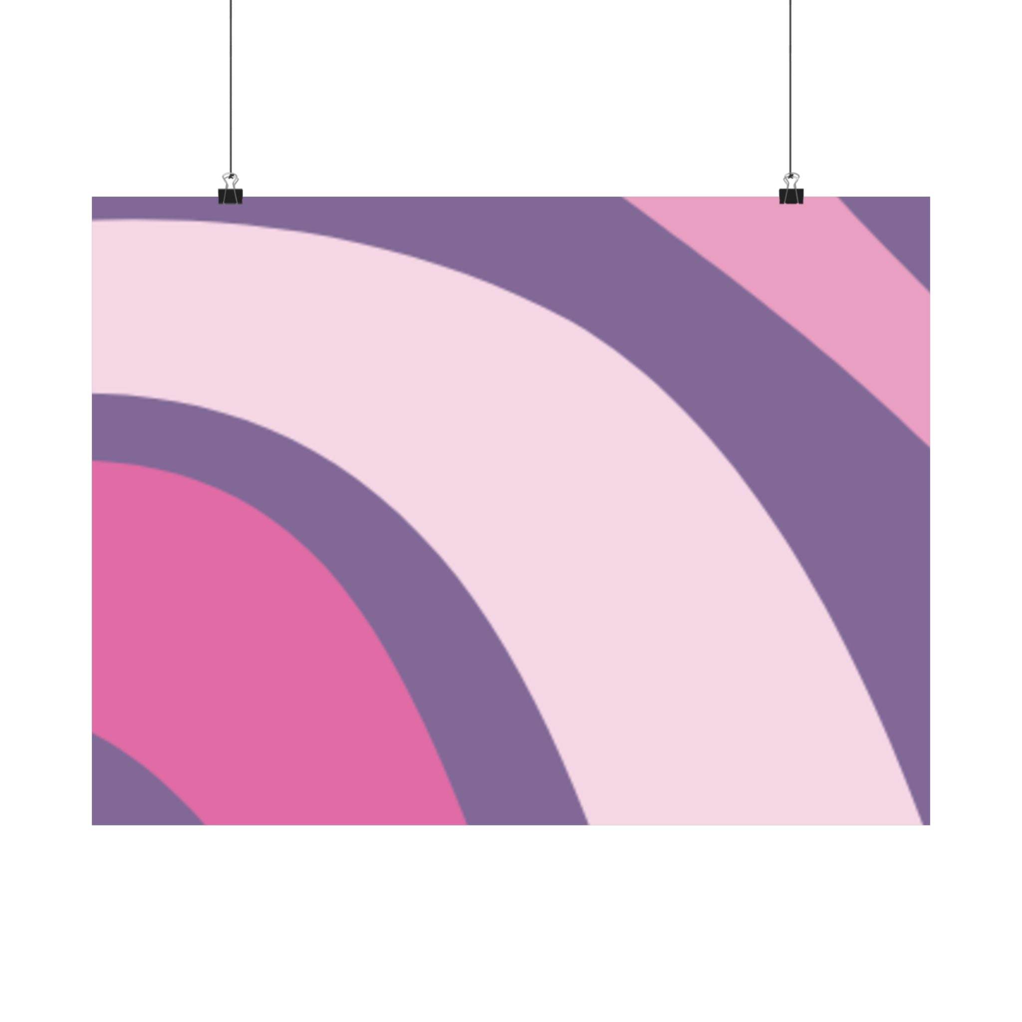 Printify eco-friendly satin posters featuring abstract curved pink and purple design hanging on clips