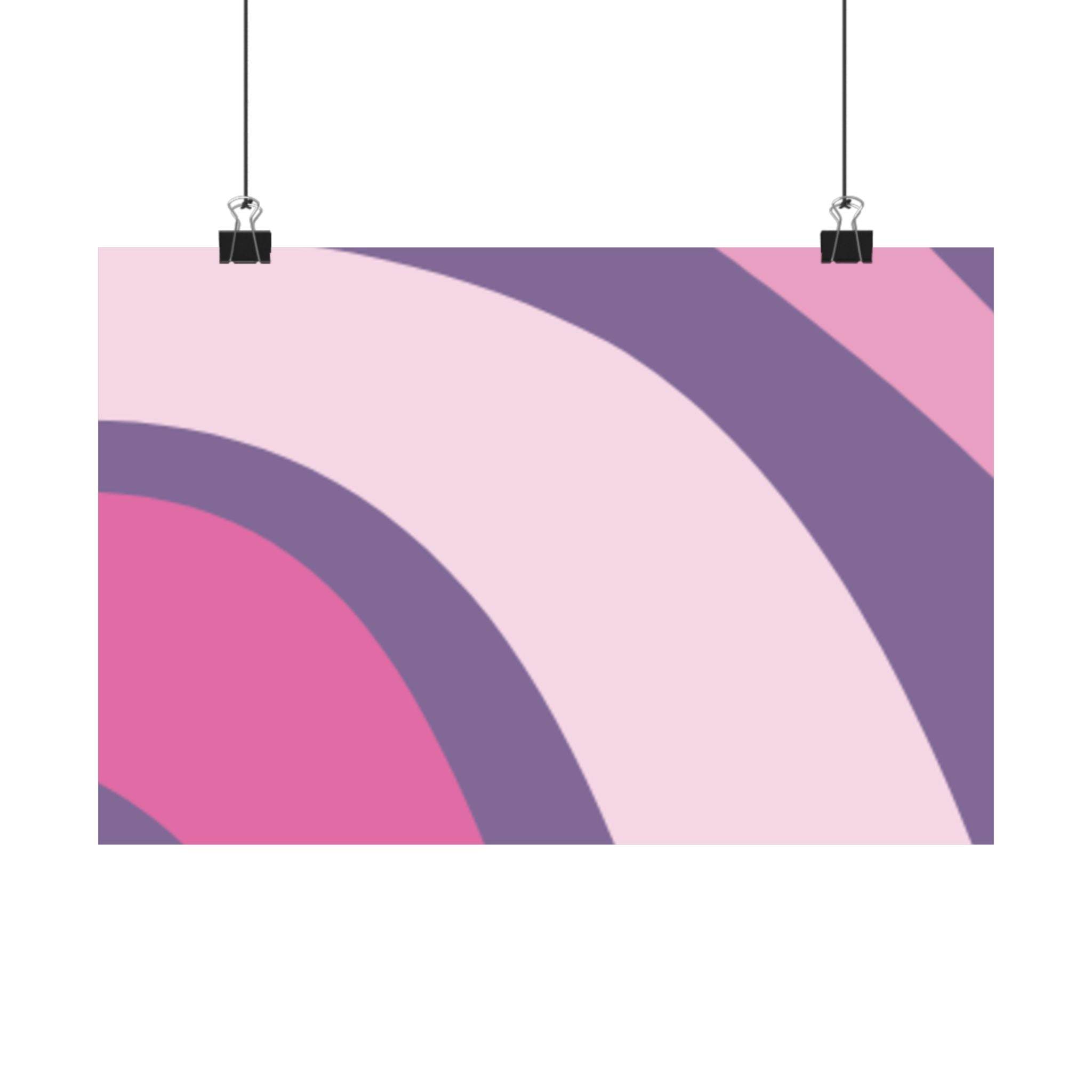 Printify eco-friendly satin posters with abstract pink and purple curved design hanging by clips