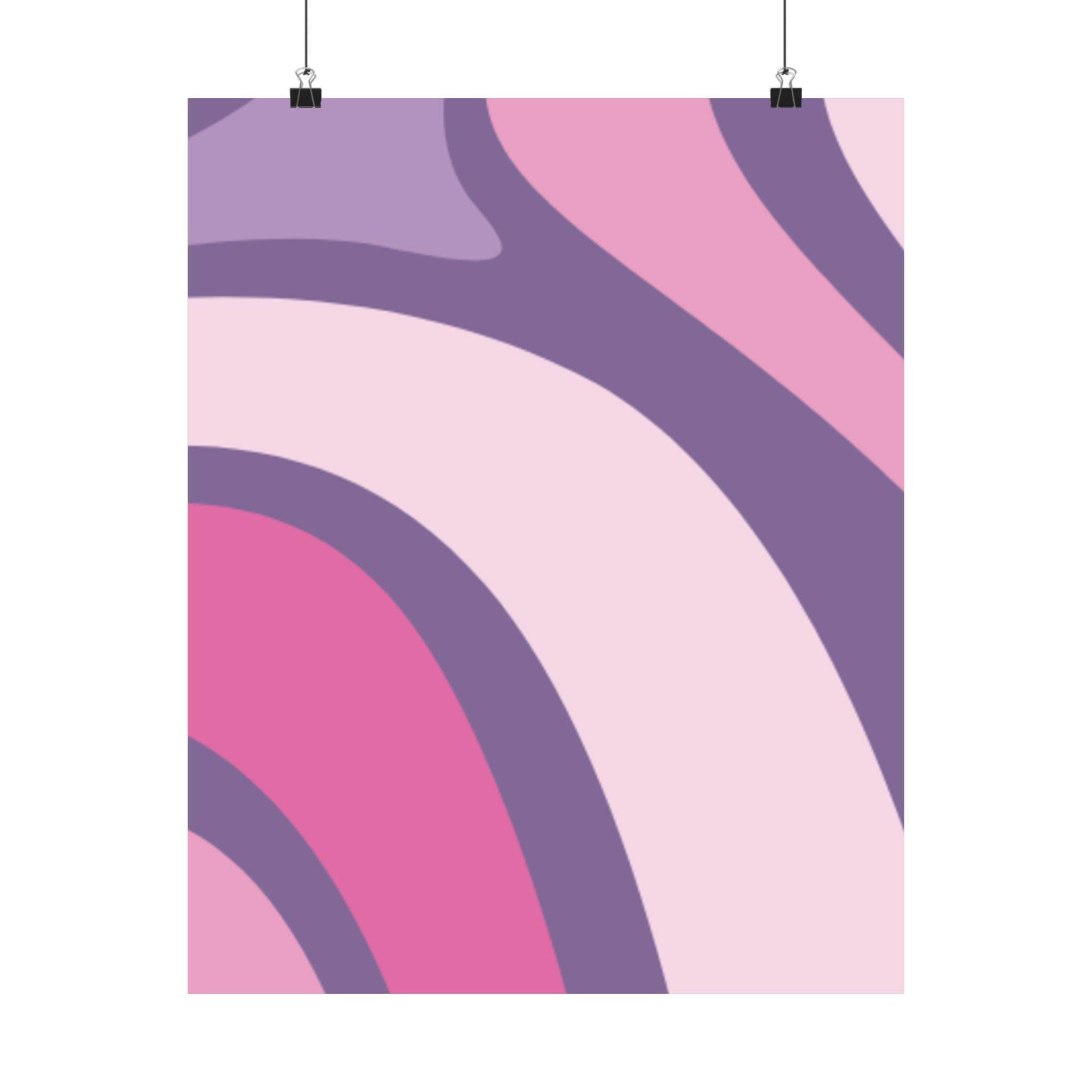 Abstract art Printify eco-friendly satin posters with curved purple and pink shapes hanging by clips