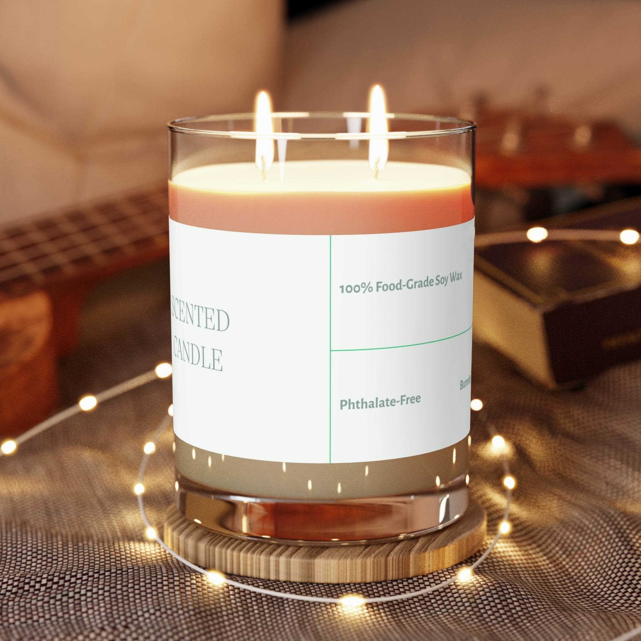 Printify eco-friendly scented candle with two wicks in a clear glass jar on a wooden coaster with string lights