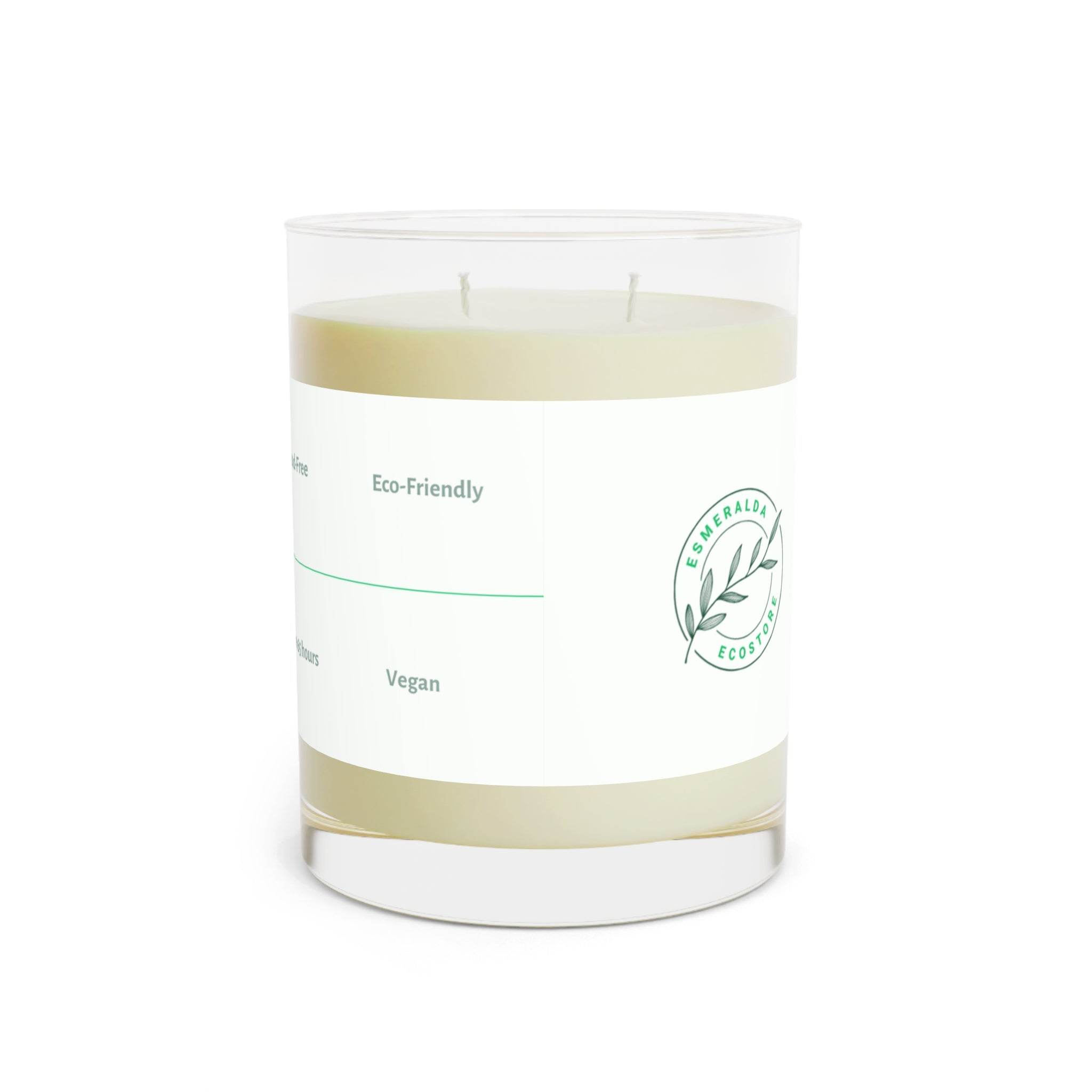 Printify eco-friendly scented candle in clear glass container with simple white and green label