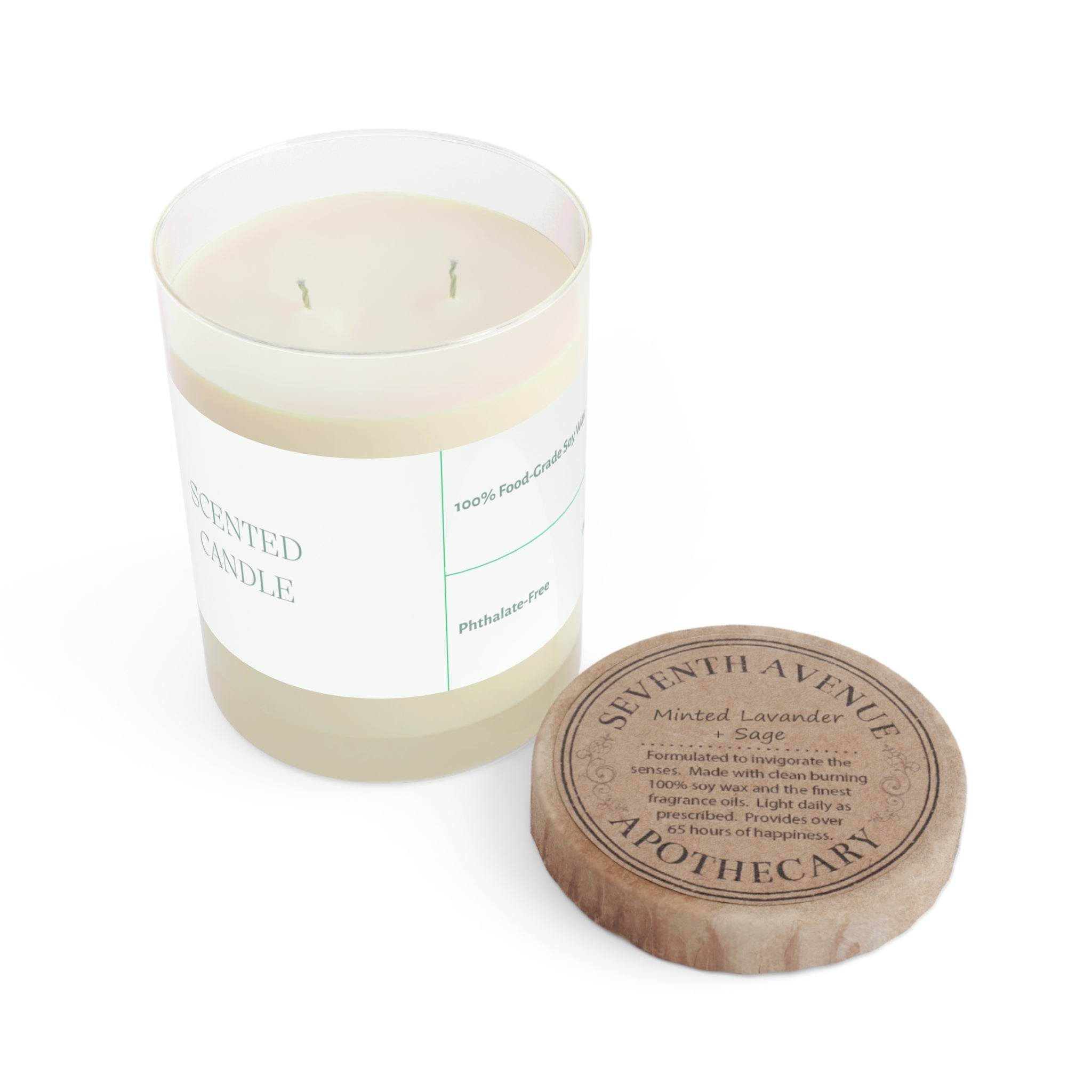 Printify eco-friendly scented candle with two wicks and wooden lid in frosted glass container
