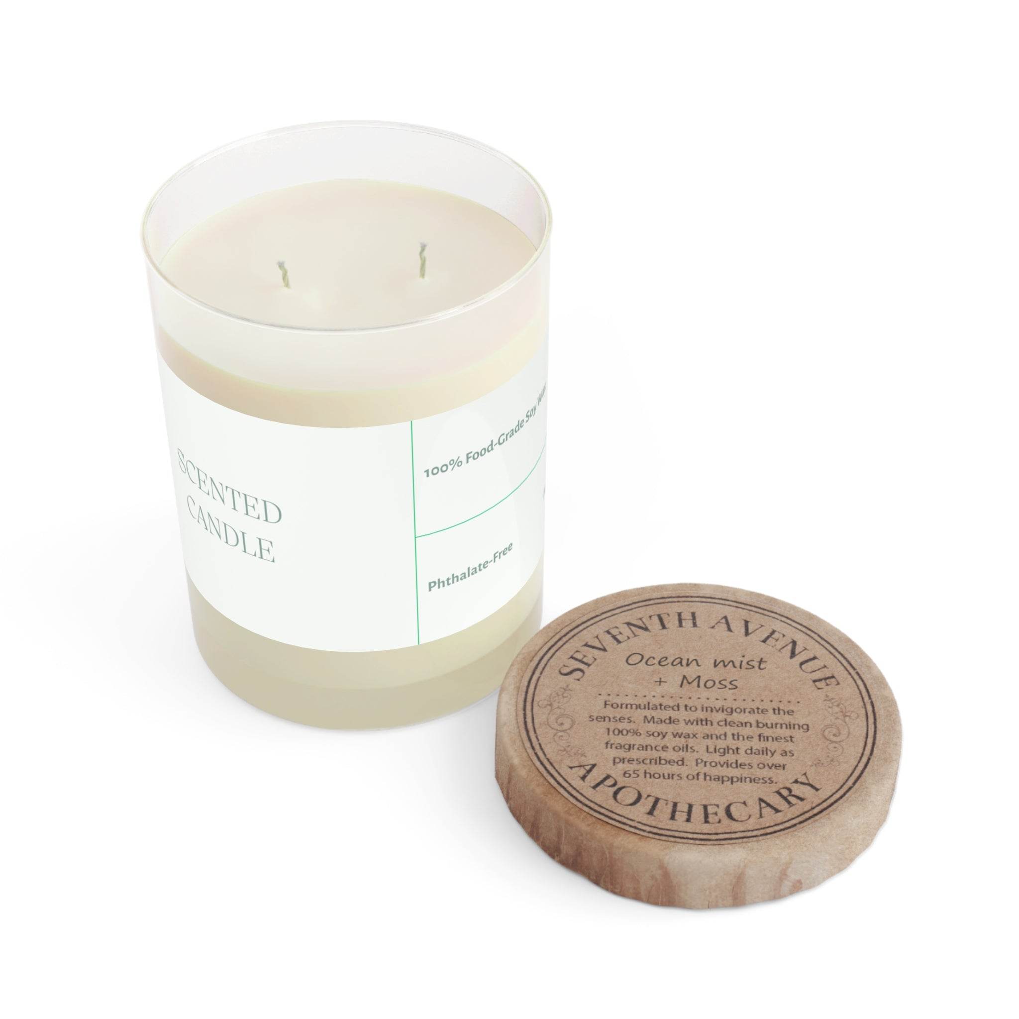 Printify eco-friendly scented candle in frosted glass with wooden lid labeled Ocean Mist and Moss