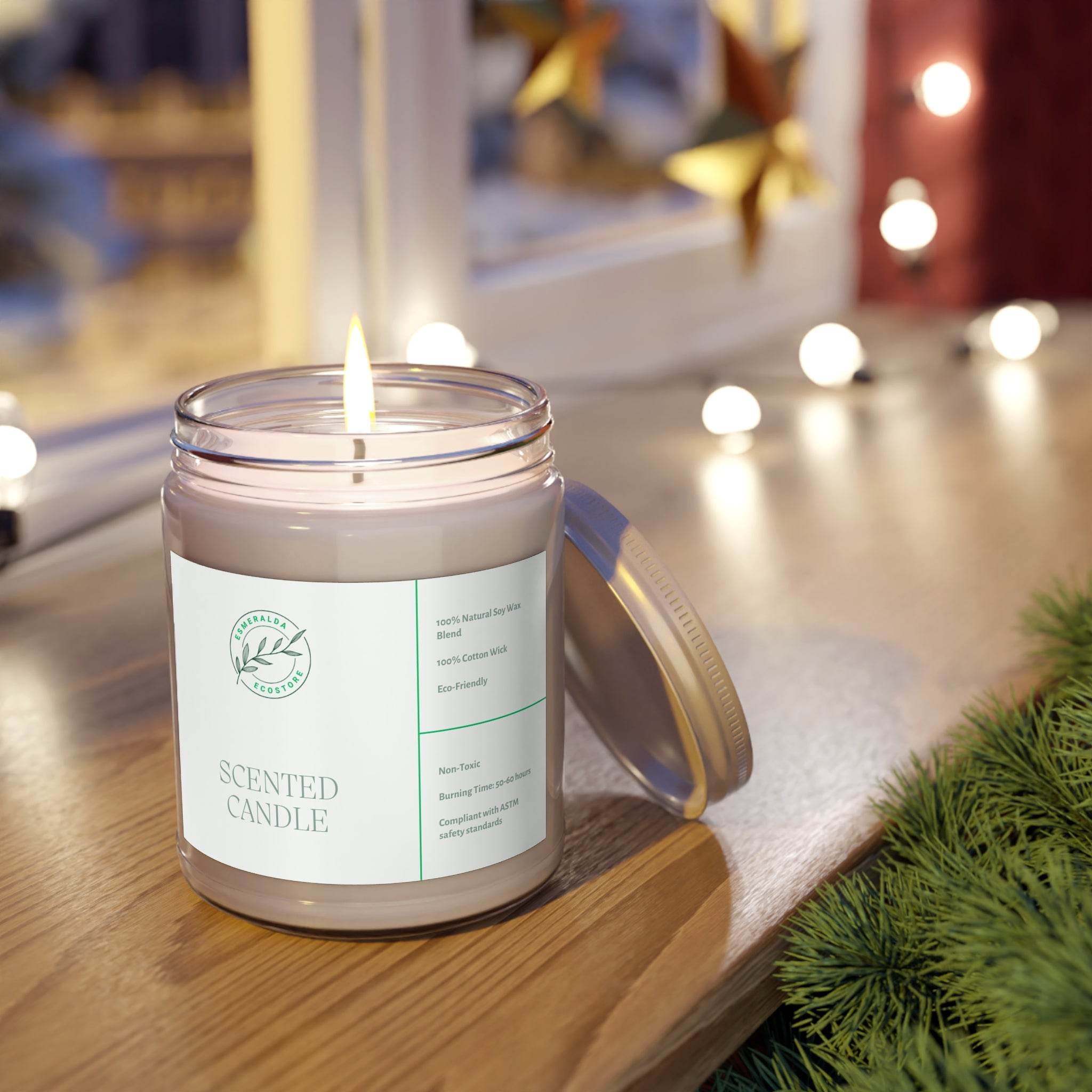 Printify eco-friendly scented candles lit in a glass jar on a wooden surface near holiday decorations