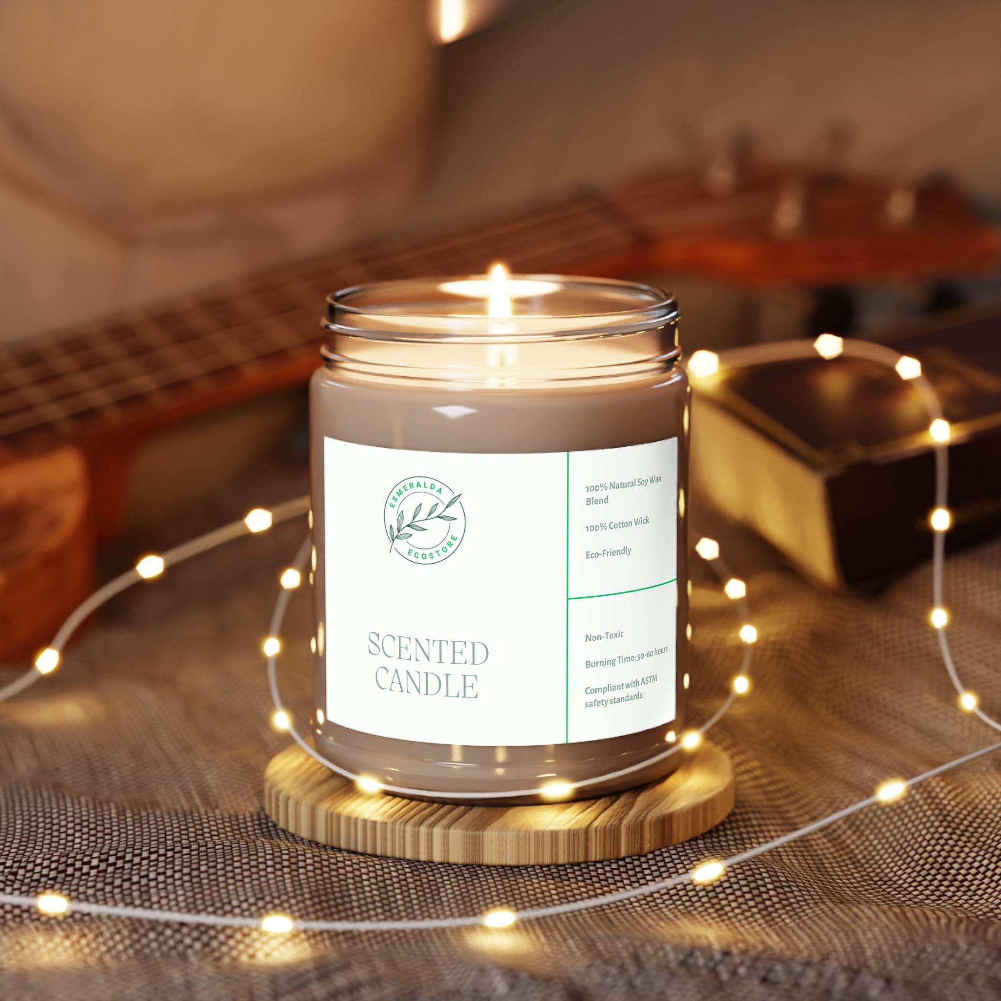 Printify eco-friendly scented candles in glass jar lit on wooden coaster with cozy background