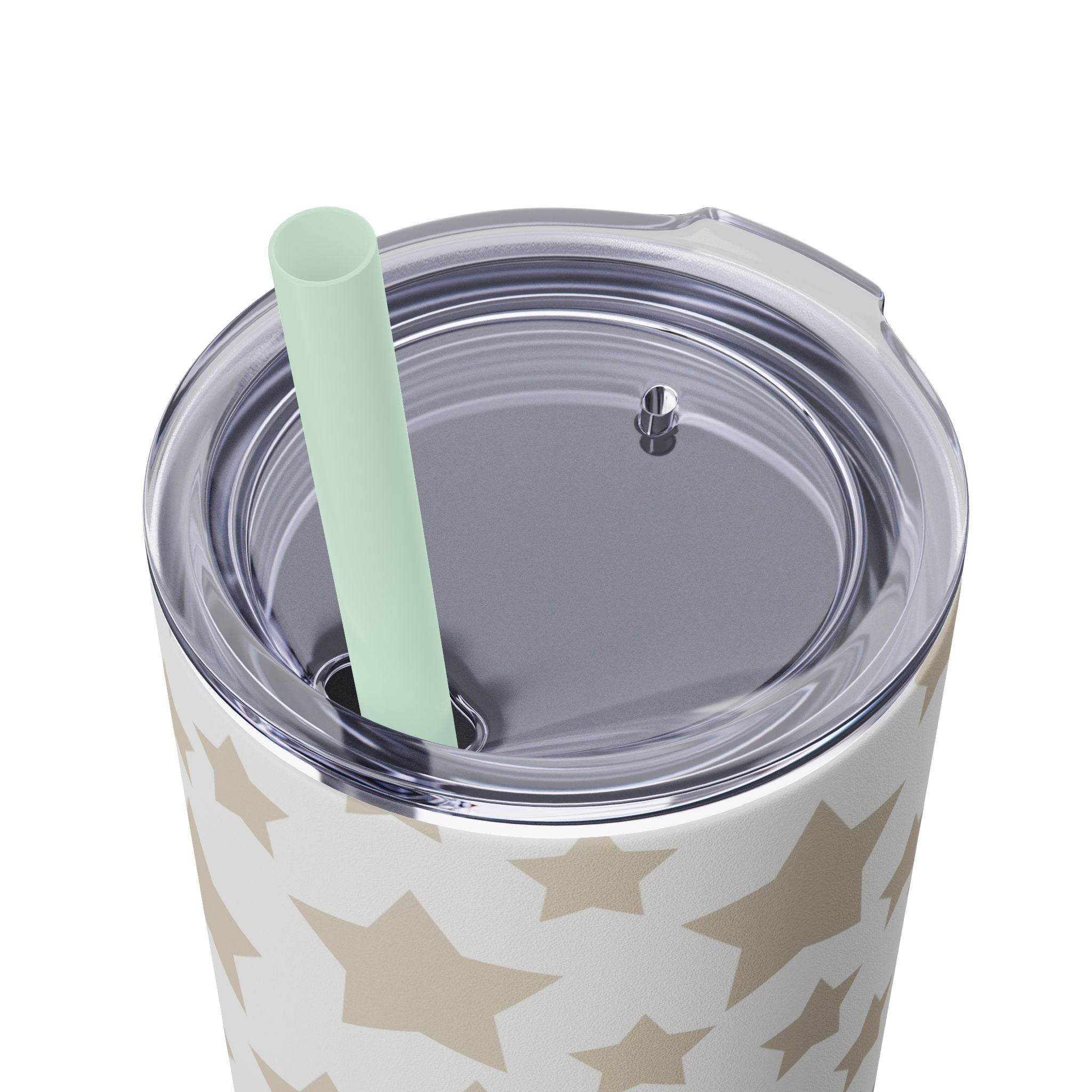 Printify eco-friendly skinny tumbler with beige star design and clear lid with mint green straw