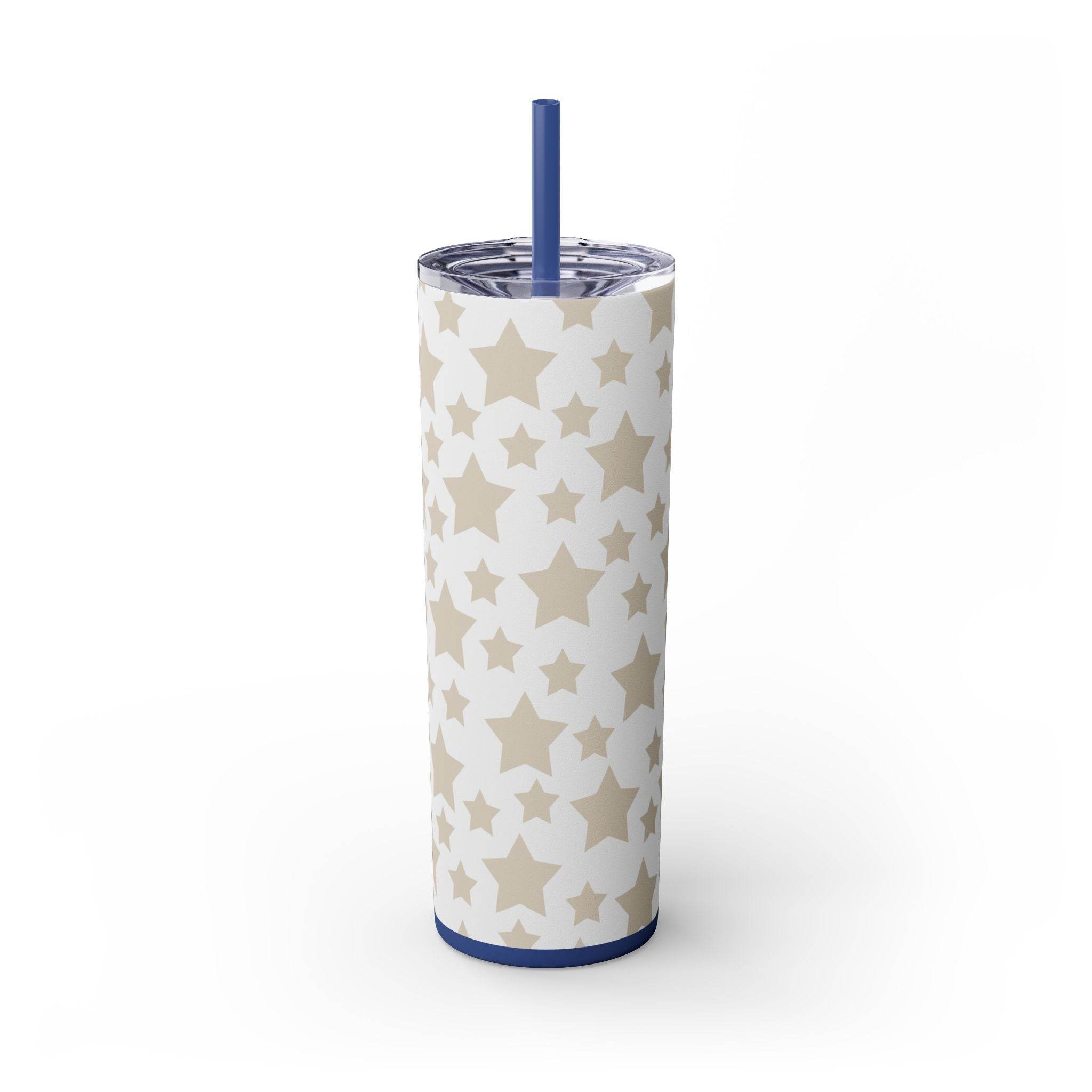Printify eco-friendly skinny tumbler with beige star pattern and navy lid with straw