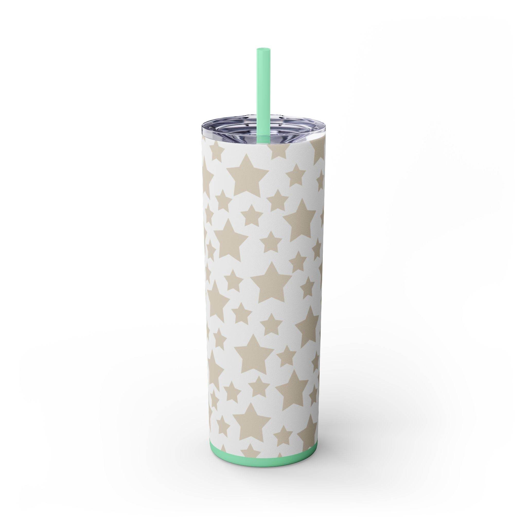 Printify eco-friendly skinny tumbler with beige star pattern and green straw on white background