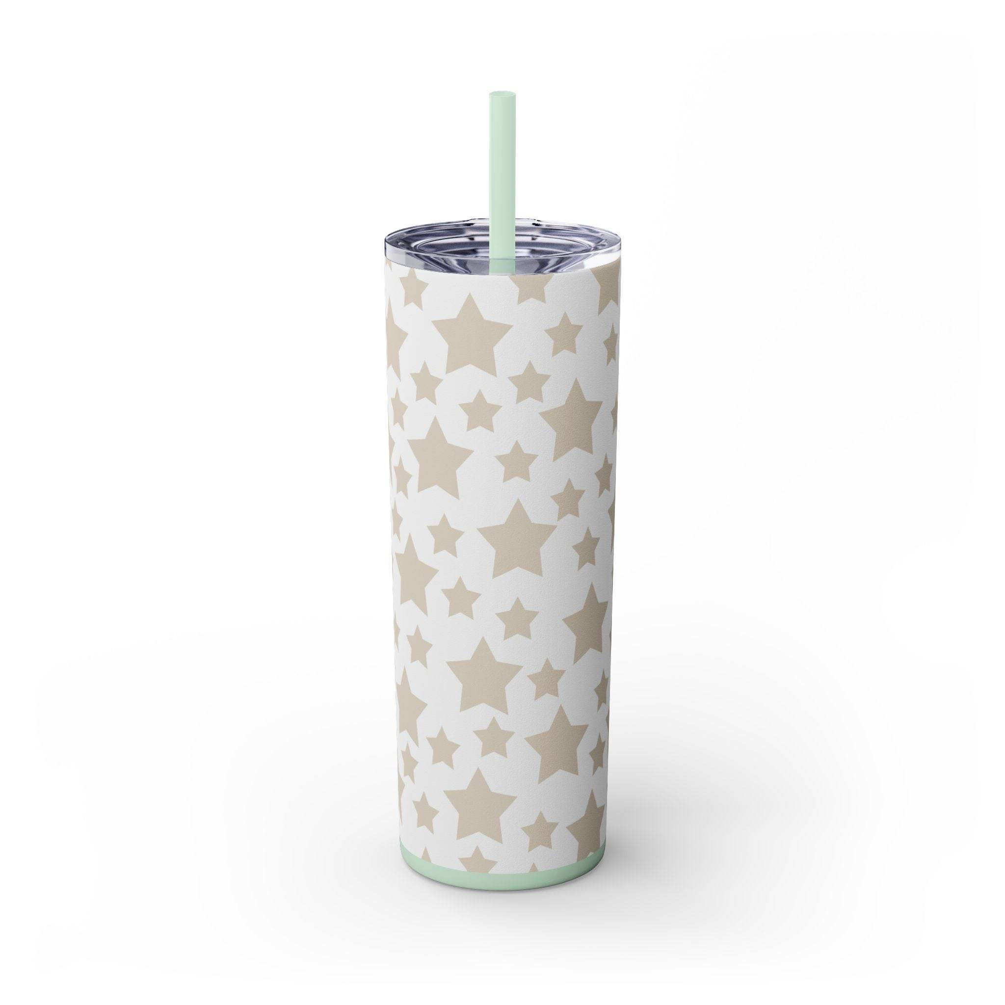 Printify eco-friendly skinny tumbler with beige star pattern and mint green straw on white background