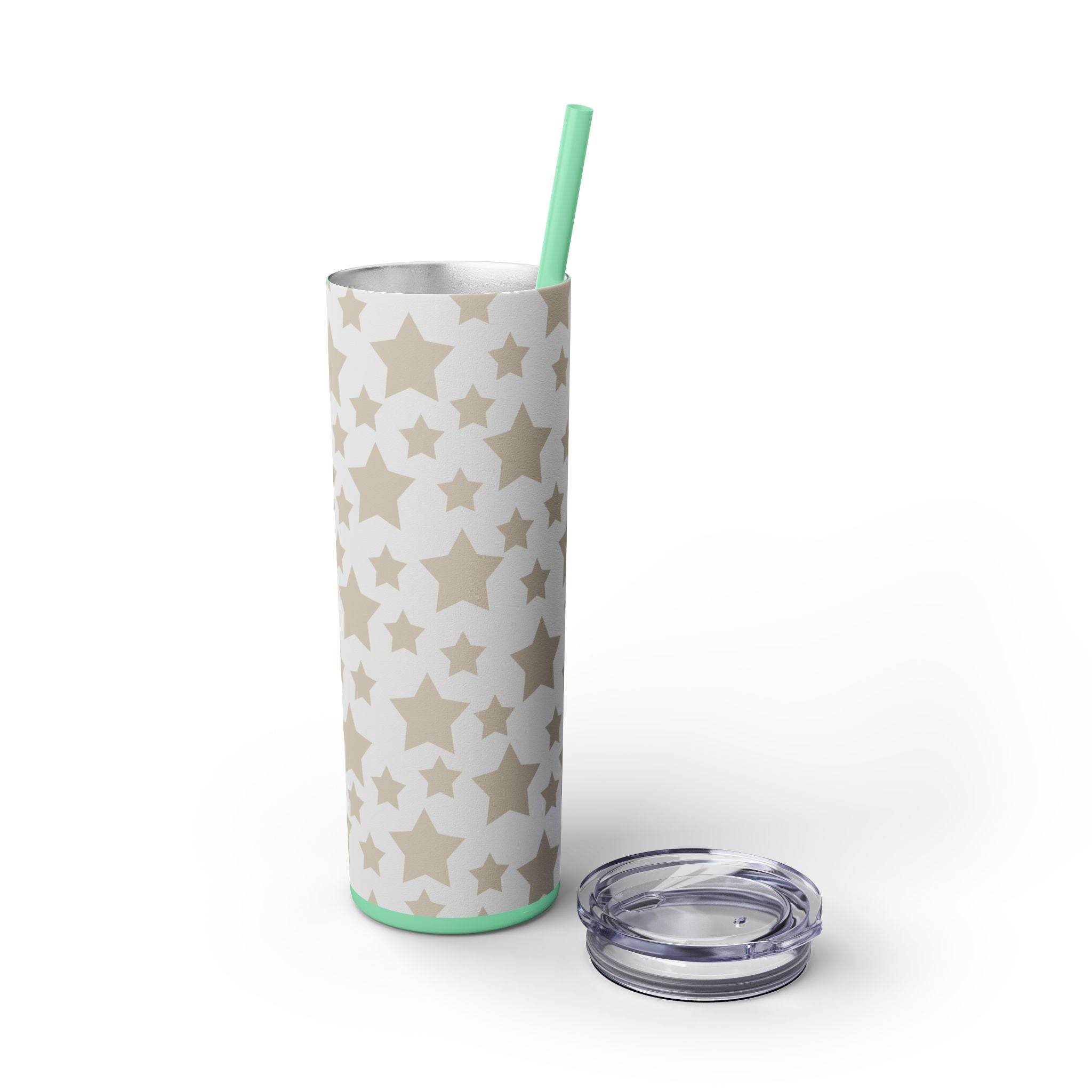 Printify eco-friendly skinny tumbler with beige star pattern and removable lid with green straw