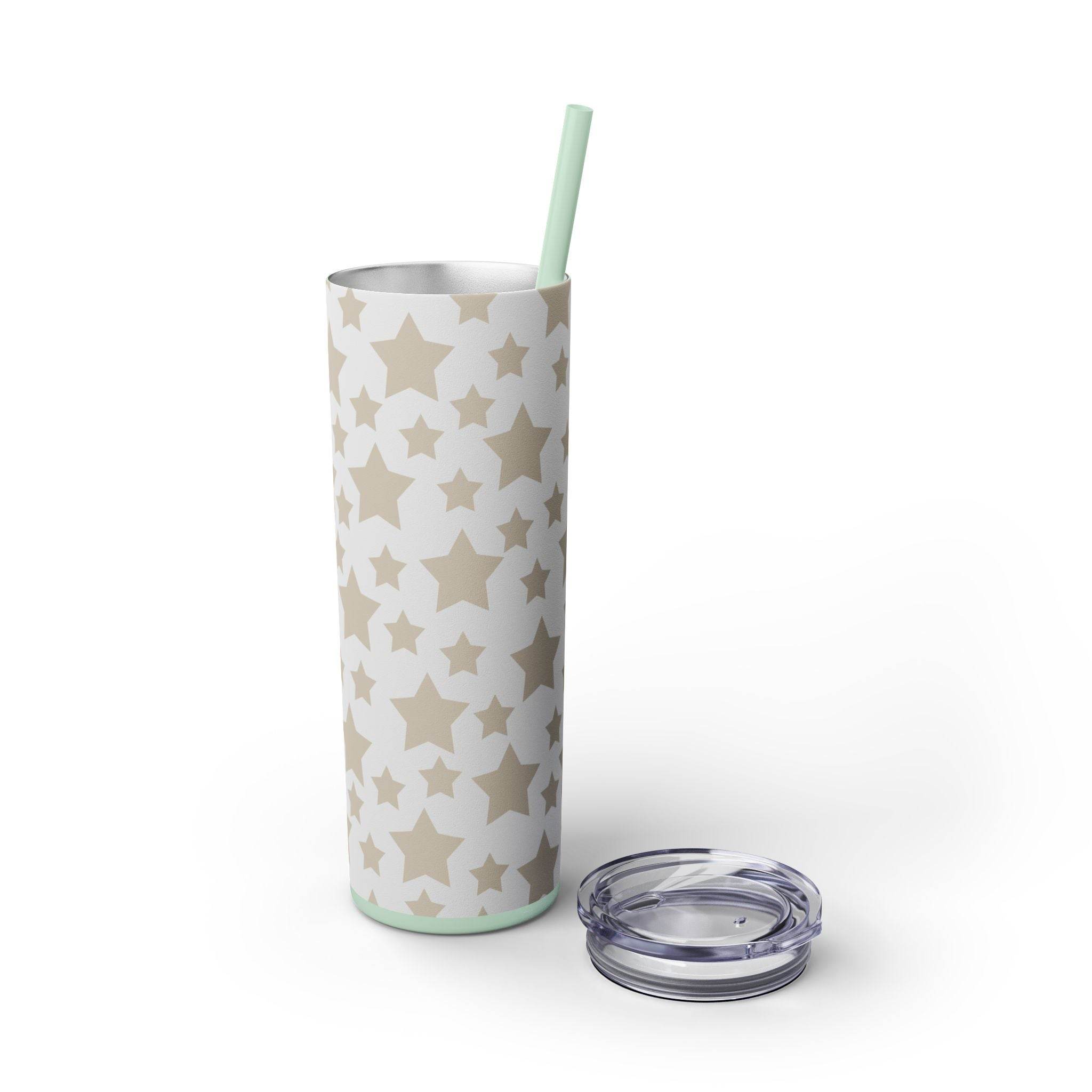 Printify eco-friendly skinny tumbler with beige star pattern, clear lid, and green reusable straw