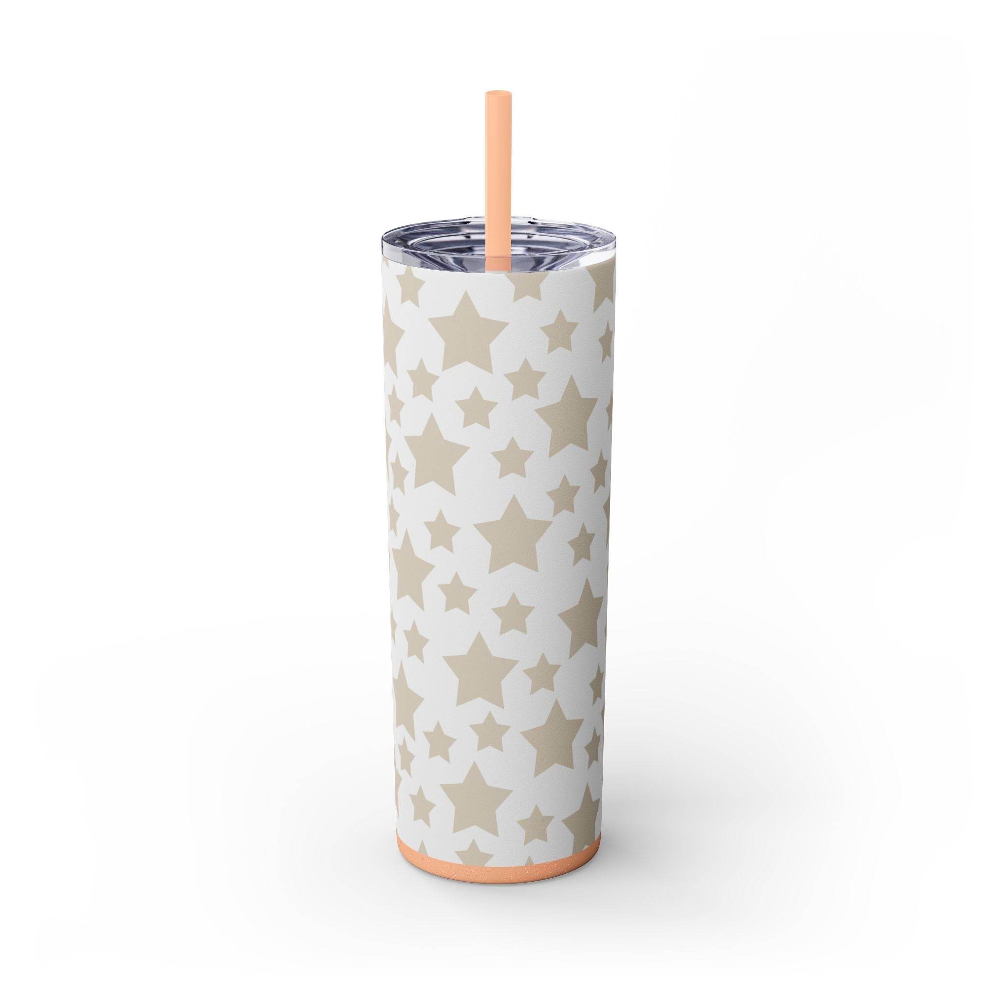 Printify eco-friendly skinny tumbler with beige star pattern and peach-colored straw and base