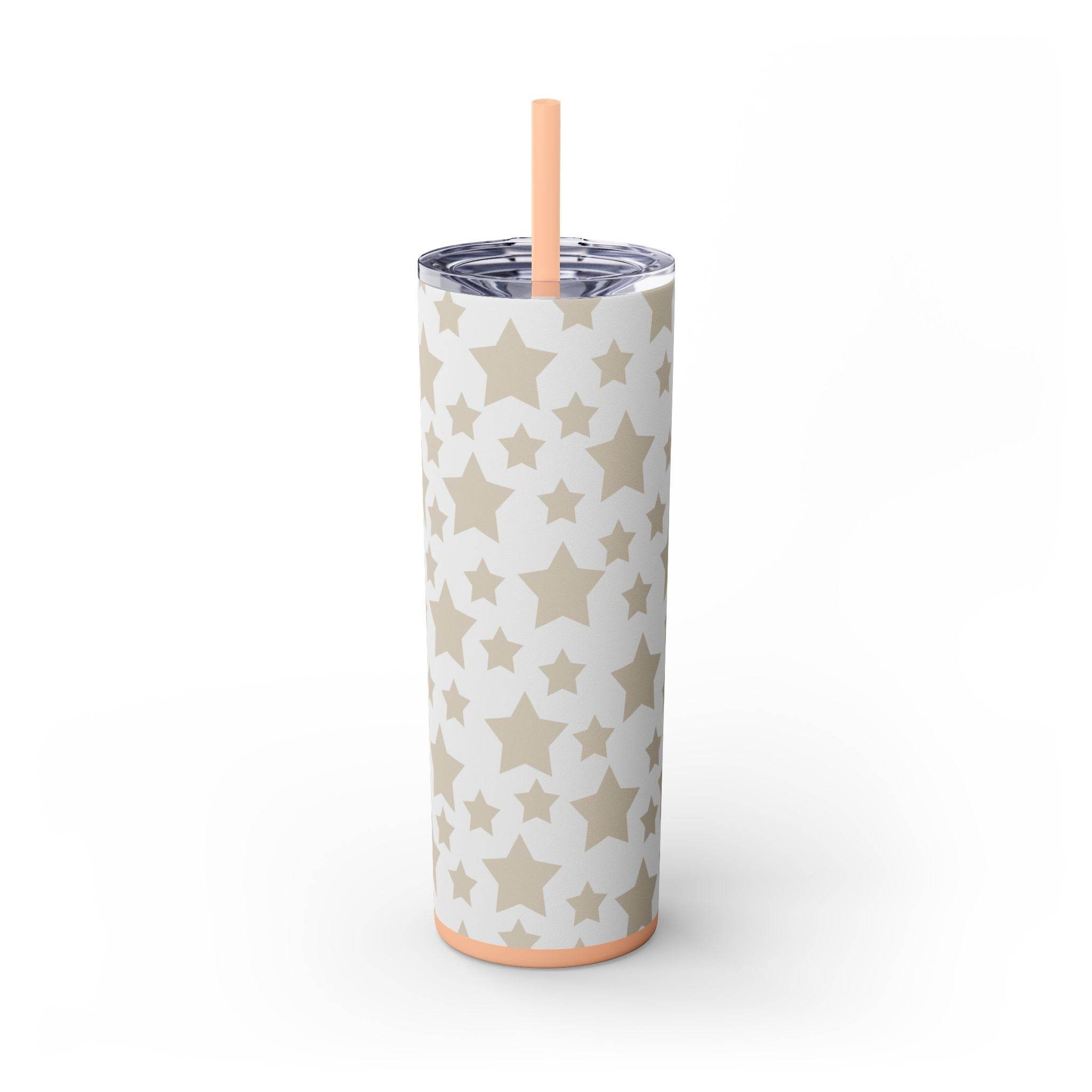 Printify eco-friendly skinny tumbler with beige star pattern and matching straw on white background