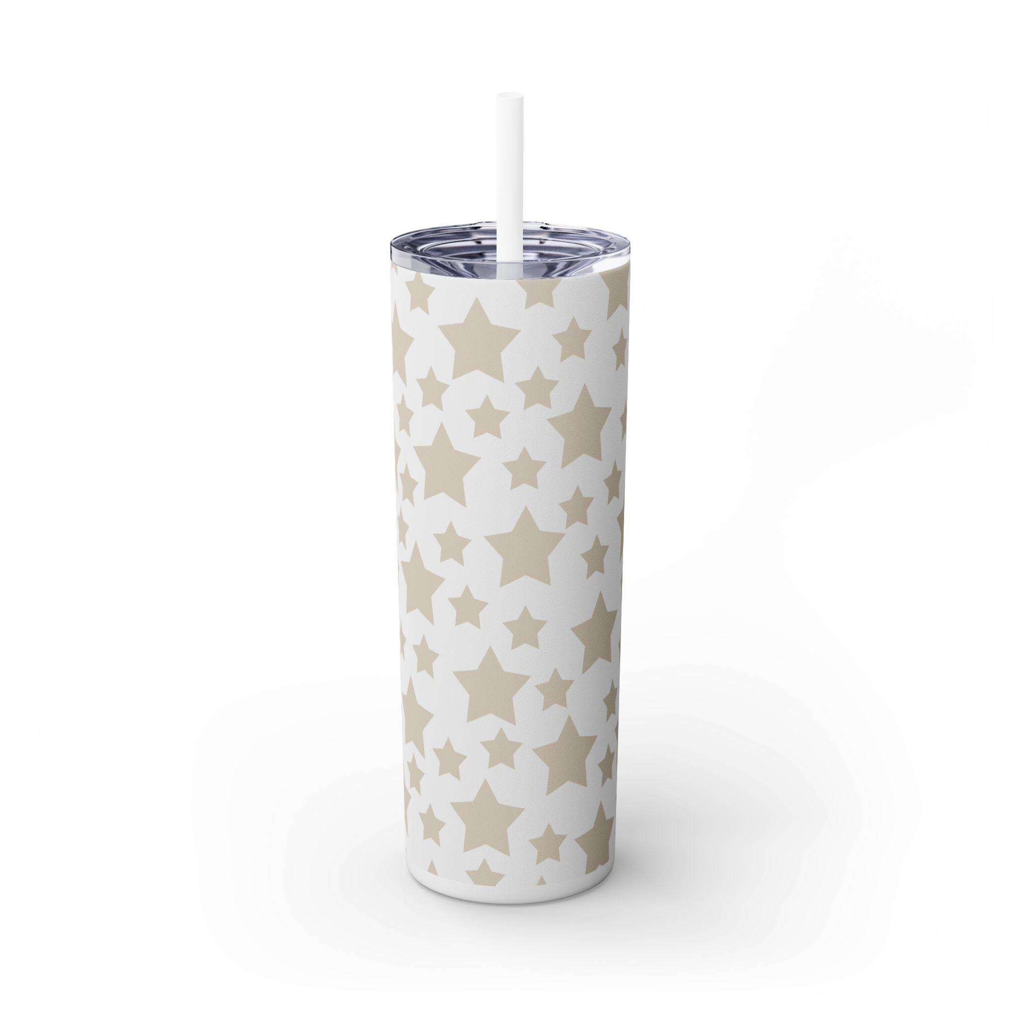Printify eco-friendly skinny tumbler with beige star pattern and transparent lid with straw