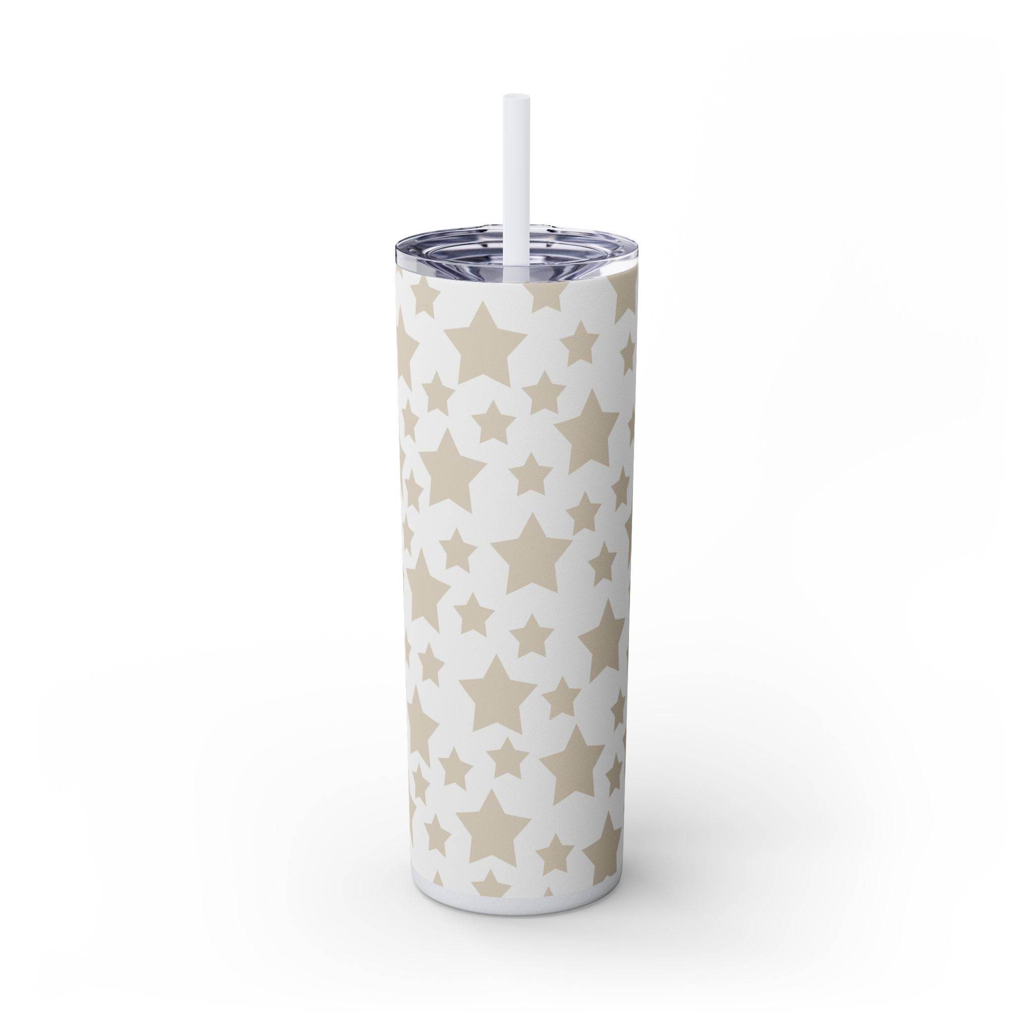Printify eco-friendly skinny tumbler with beige star pattern and clear lid with straw