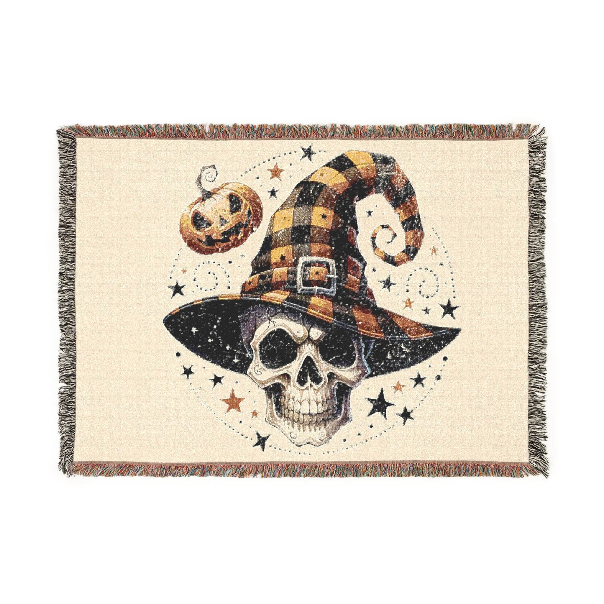 Eco-friendly skull blanket with Halloween witch hat and pumpkin design by Printify