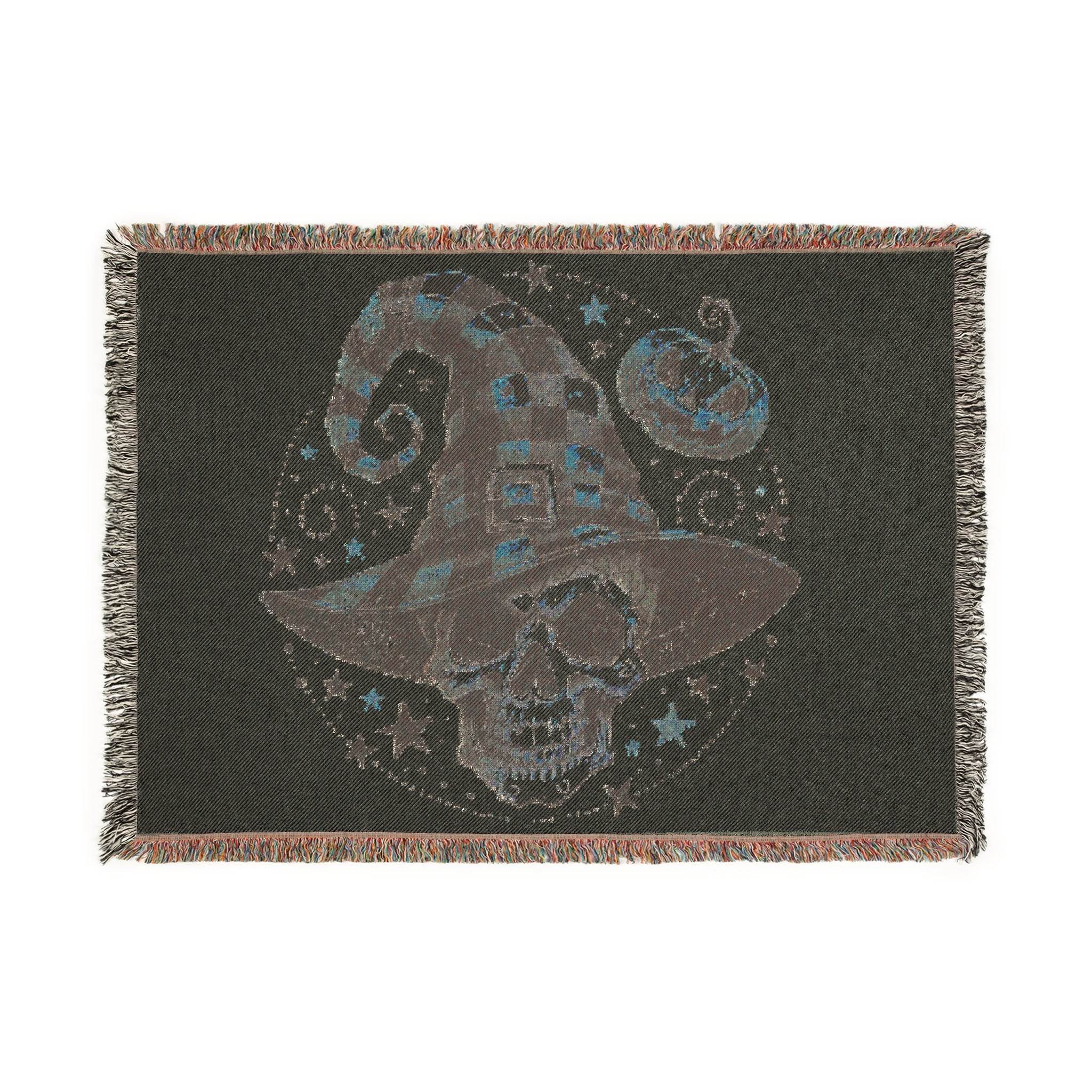 Printify eco-friendly skull blanket featuring a spooky skull with a witch hat and pumpkin design