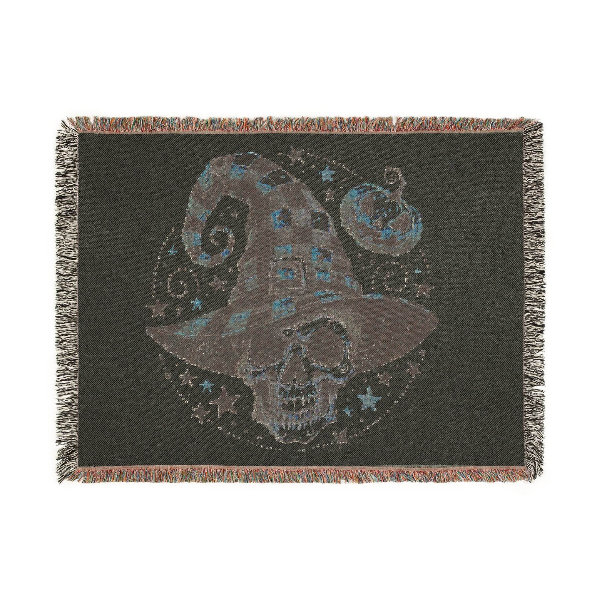 Printify eco-friendly skull blanket with a witch hat and pumpkin design on dark fabric