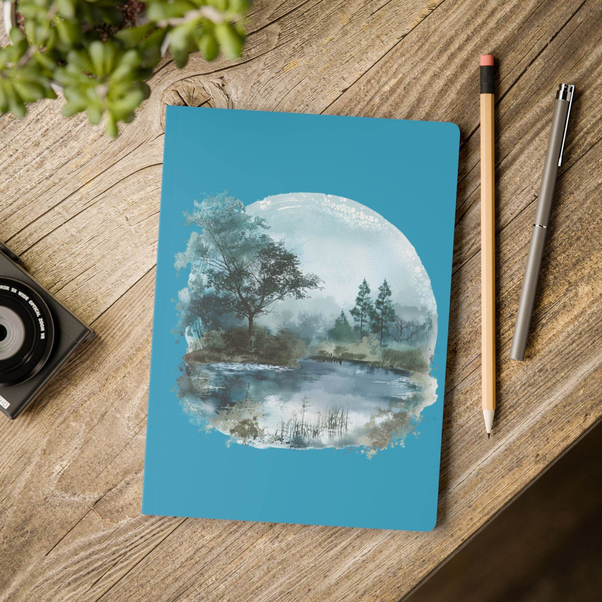 Printify eco-friendly softcover journal with nature-themed cover resting on wooden table with pencil and pen