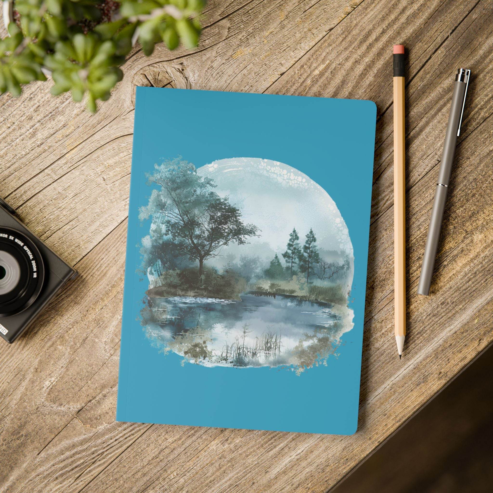 Printify eco-friendly softcover journal with nature-themed cover featuring trees and lake on wooden table