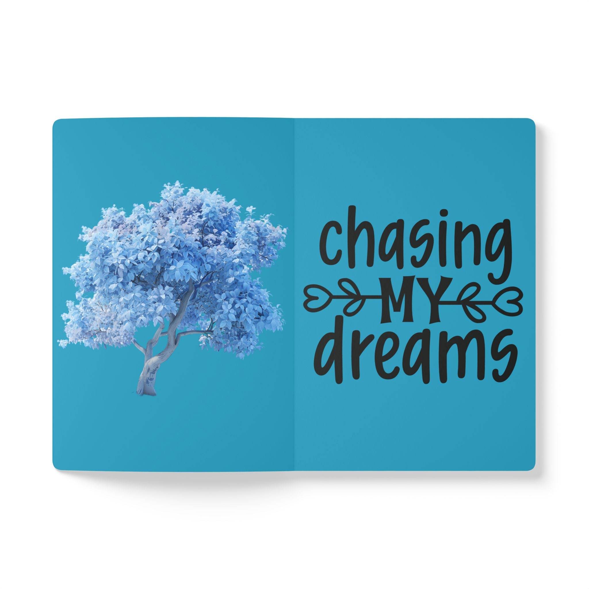 Printify eco-friendly softcover journal with blue cover featuring a tree and chasing my dreams text