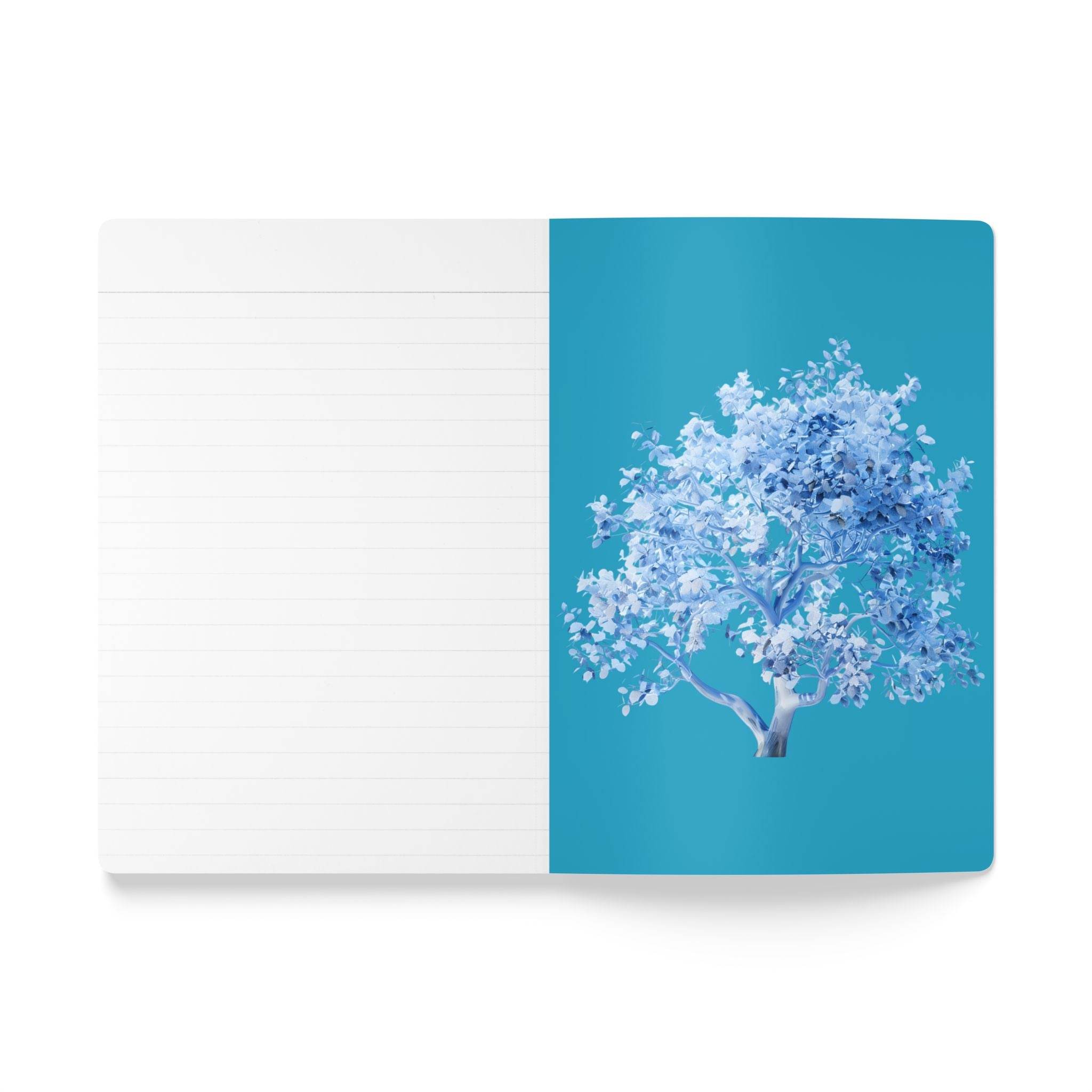 Open eco-friendly softcover journal by Printify with lined pages and blue tree cover design