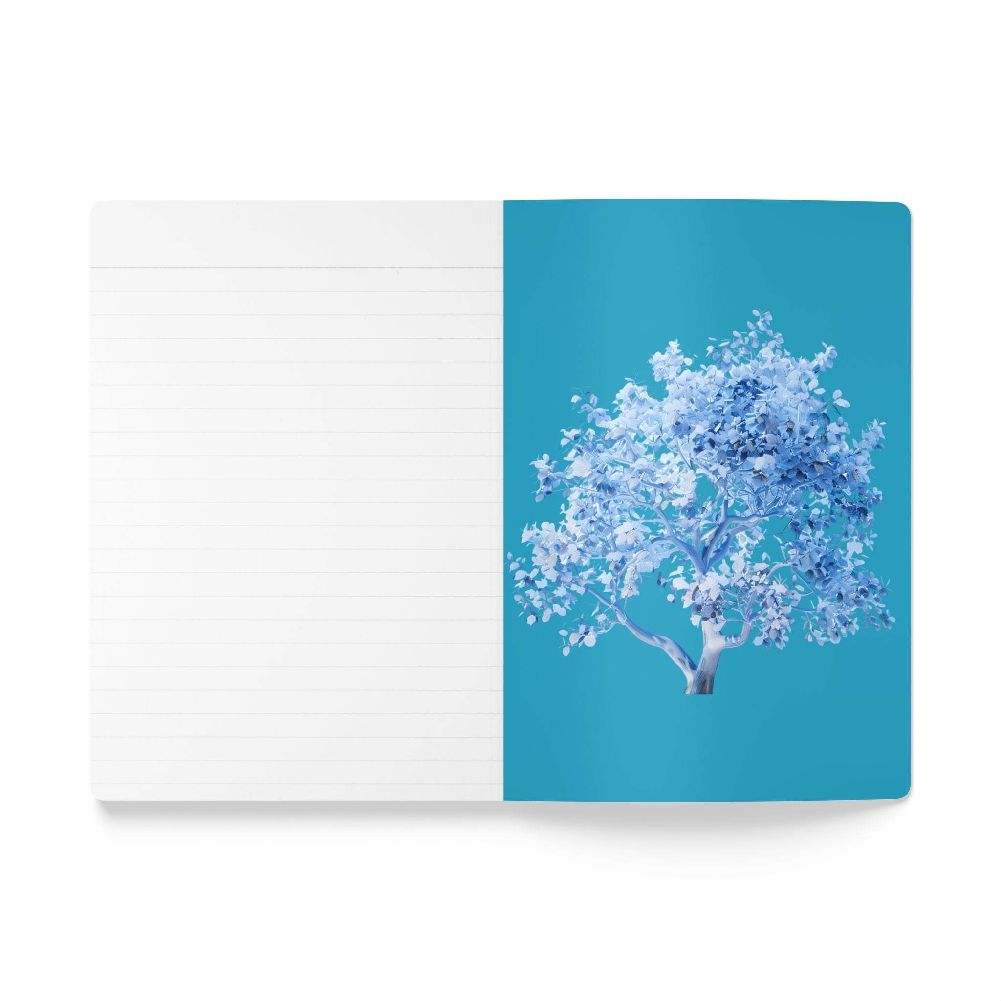 Printify eco-friendly softcover journal open to a lined page and a blue tree illustration on the right