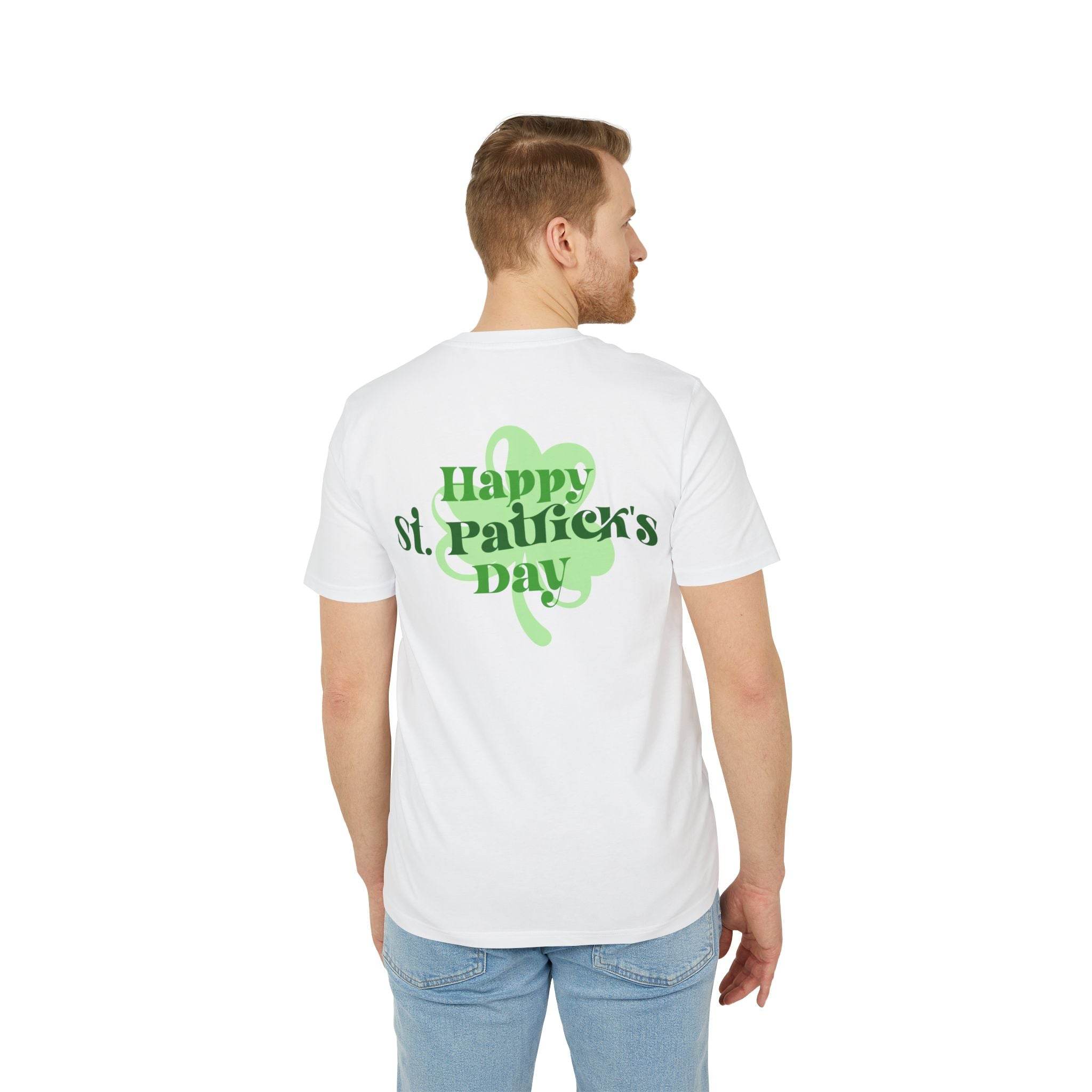 Printify eco-friendly St. Patrick's Day shirt featuring green shamrock and Happy St. Patrick's Day text on white tee