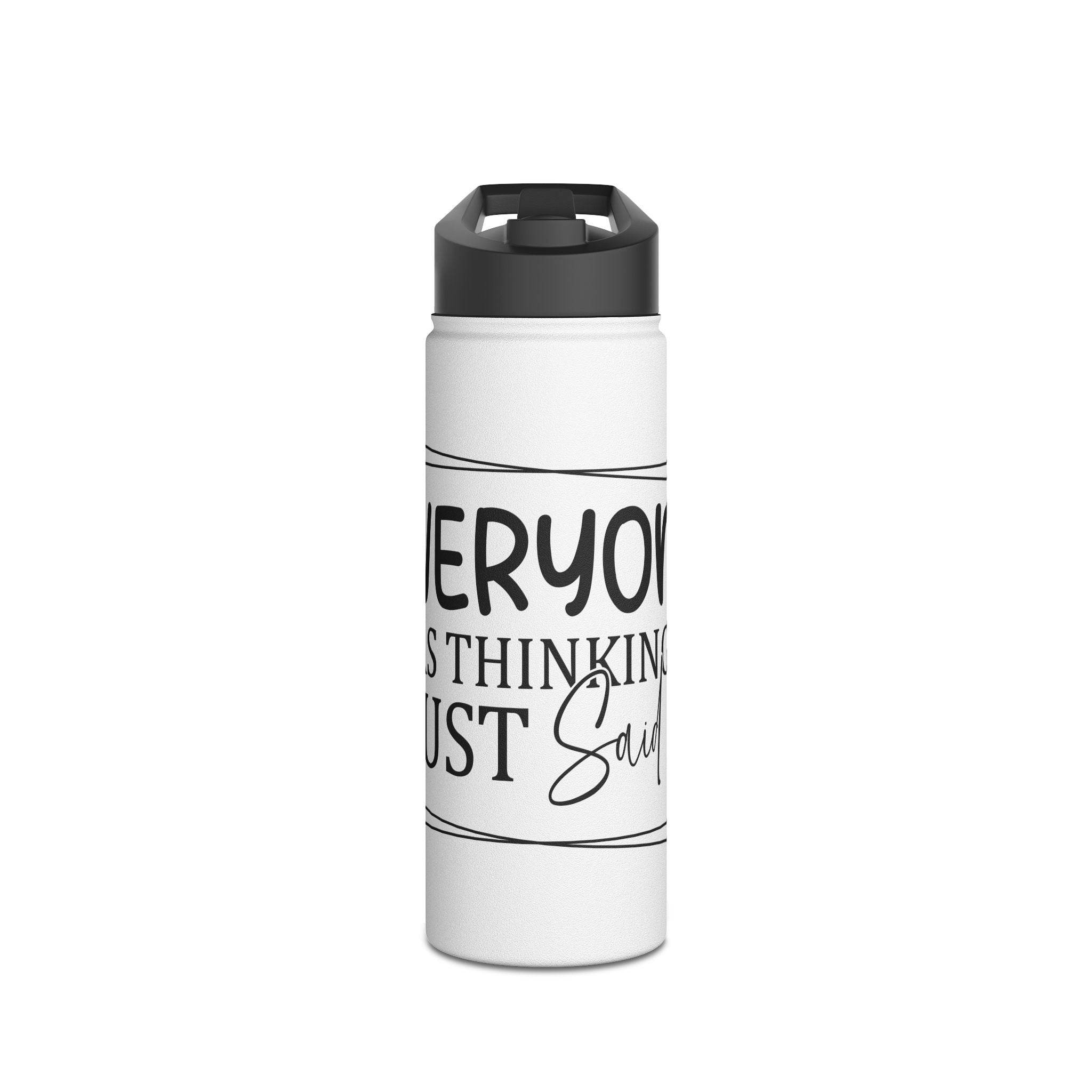 Printify eco-friendly stainless steel water bottle with black lid and white body featuring motivational text design