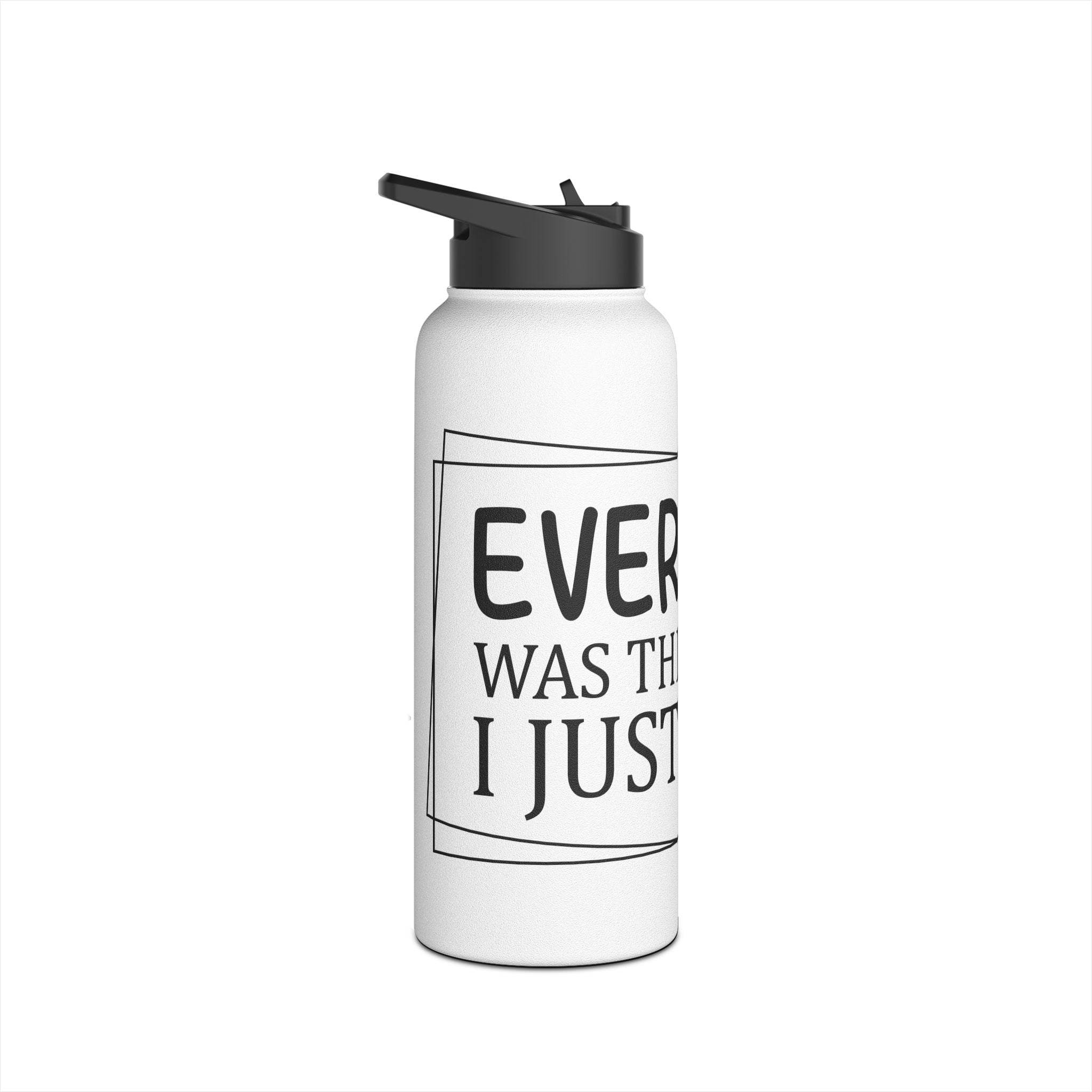 White eco-friendly stainless steel water bottle with black flip-top lid and partial black text design